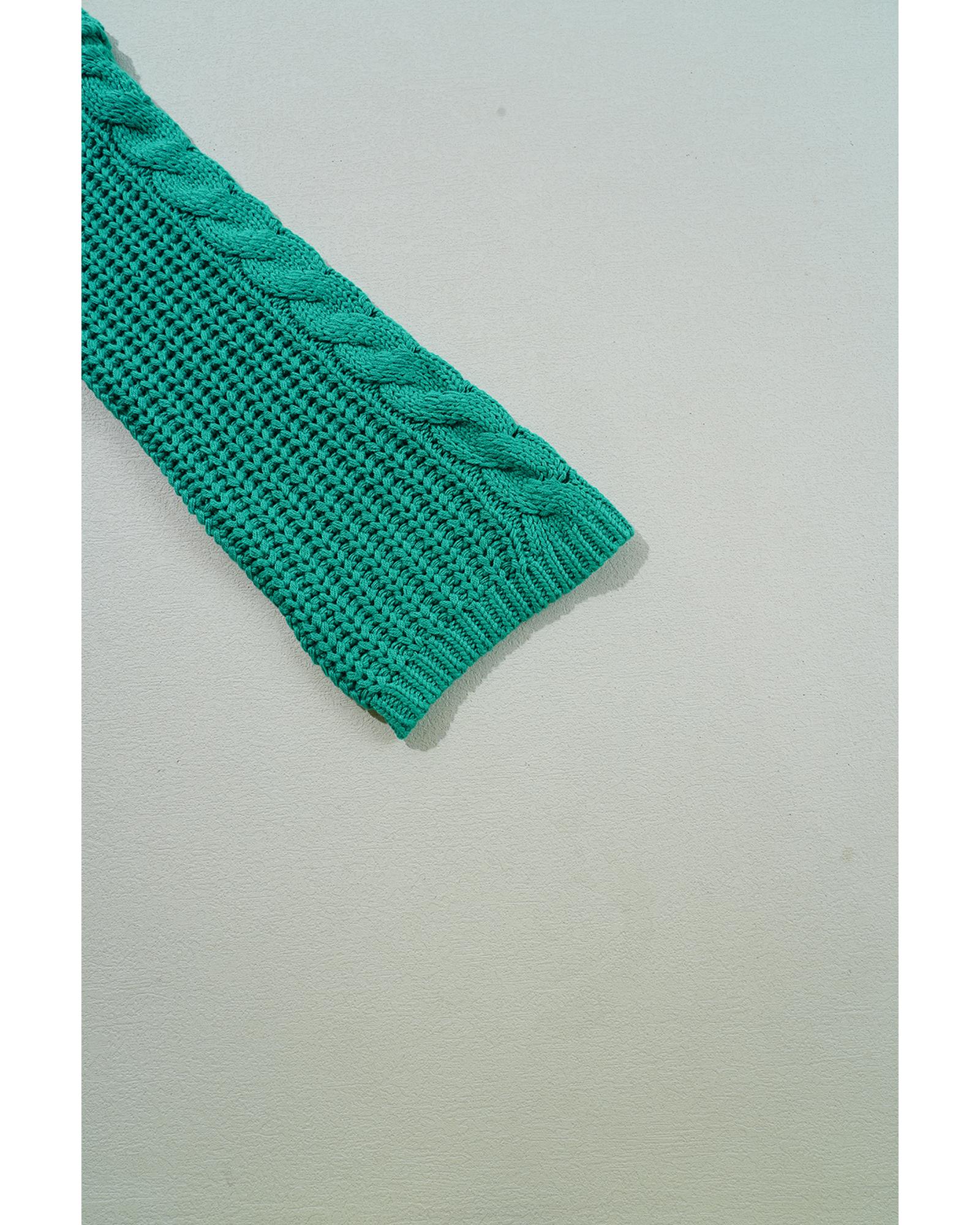 V539-AZEXDC2724672-P409-M-202508280110-00 Sea Green Cable Knit V Neck Contrast Drawstring Hooded Sweater - M - Image 1