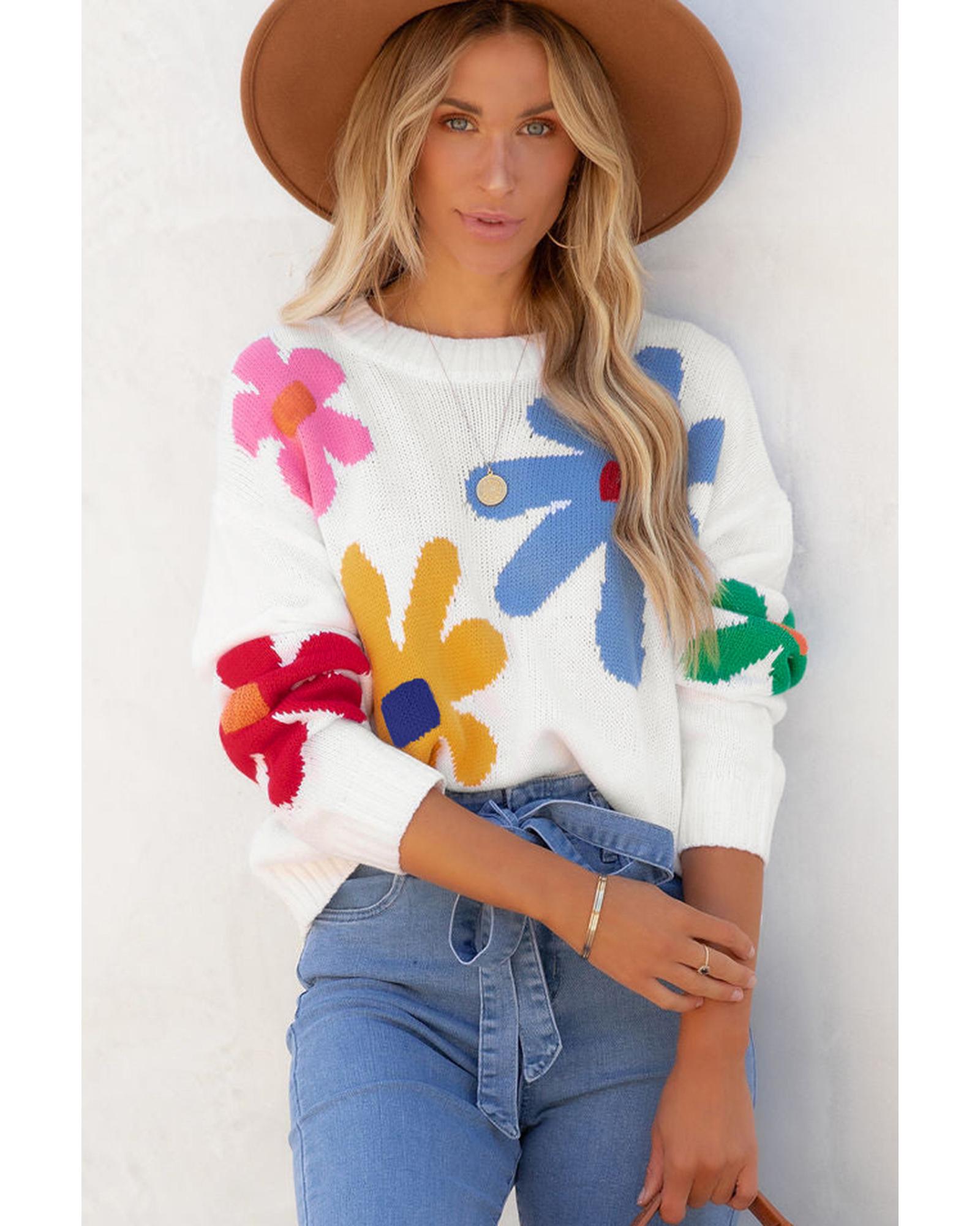 V539-AZEXDC2724673-P120-M-202508280715-00 White Colorful Big Flower Pattern Crewneck Sweater - M - Image 1