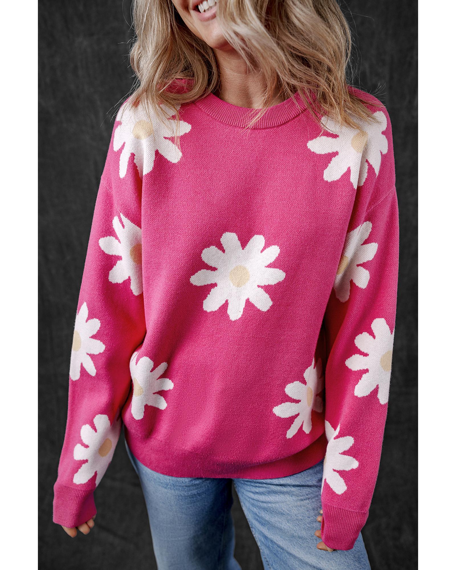 V539-AZEXDC2724675-P106-L-202508281150-00 Bright Pink Daisy Flower Crew Neck Long Sleeve Sweater - L - Image 1
