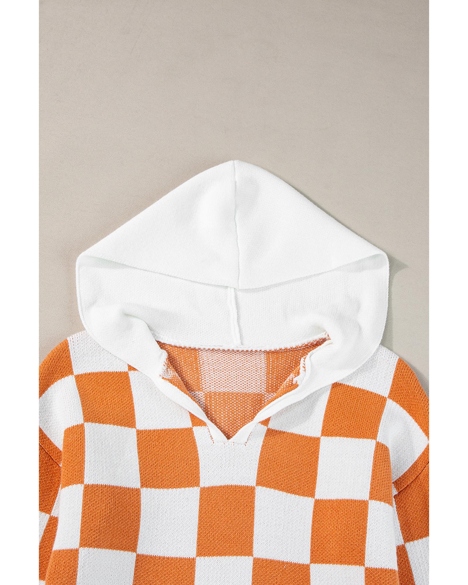 V539-AZEXDC2724684-P5014-L-202508281810-00 Gold Flame Checkered Split Neck Contrast Kangaroo Pocket Hooded Sweater - L - Image 1