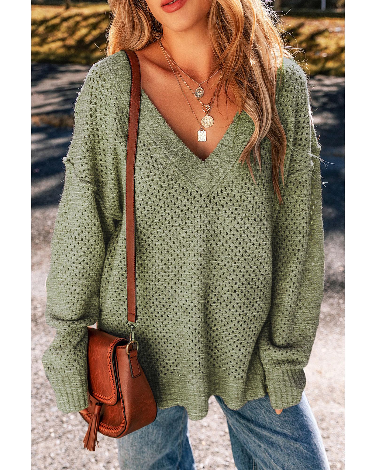 V539-AZEXDC2724726-P609-L-202508291550-00 Jungle Green Loose Eyelet V Neck Drop Shoulder Sweater - L - Image 1