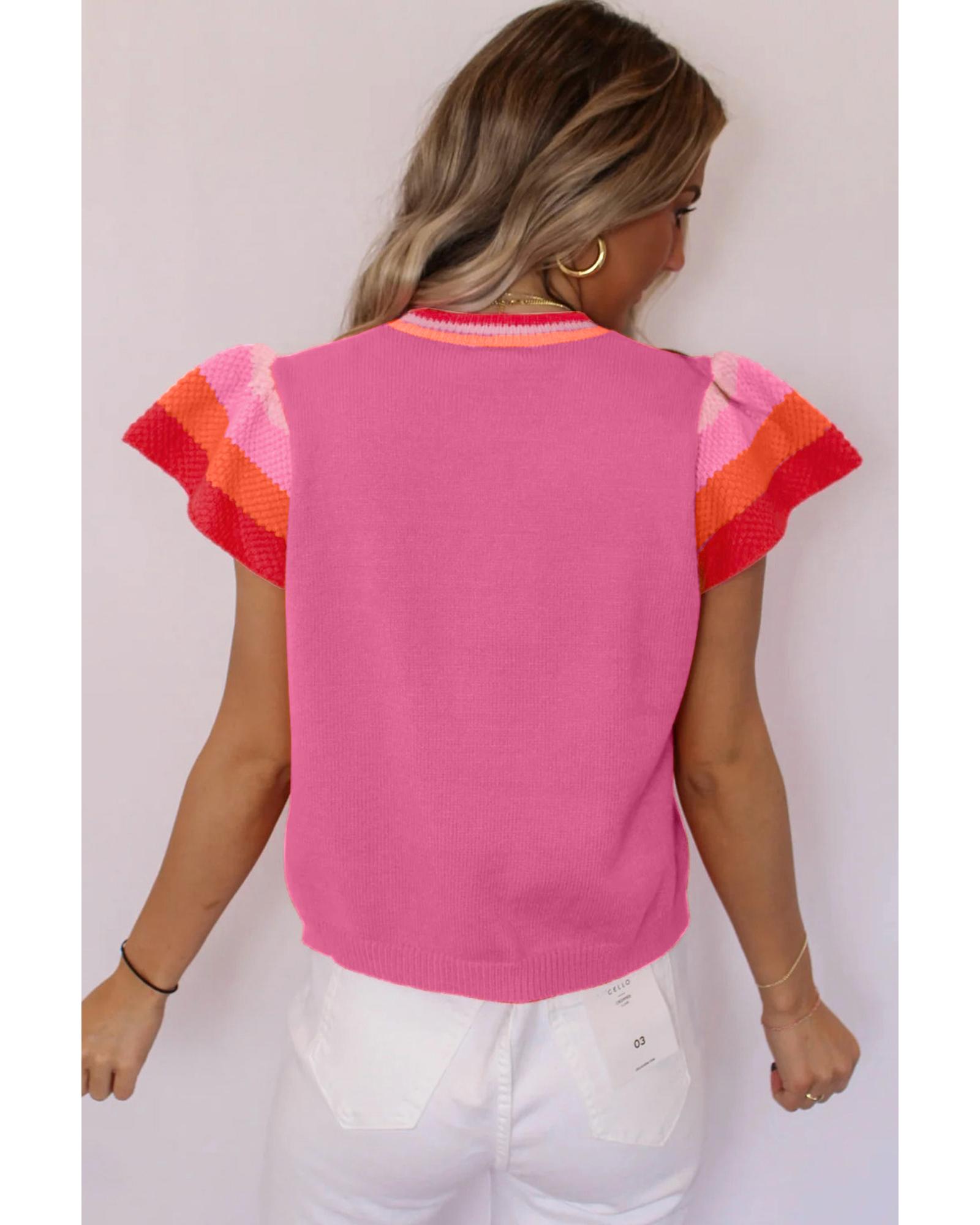 V539-AZEXDC2724732-P106-M-202508292210-00 Bright Pink Contrast Flutter Sleeves Knitted Sweater T Shirt - M - Image 1