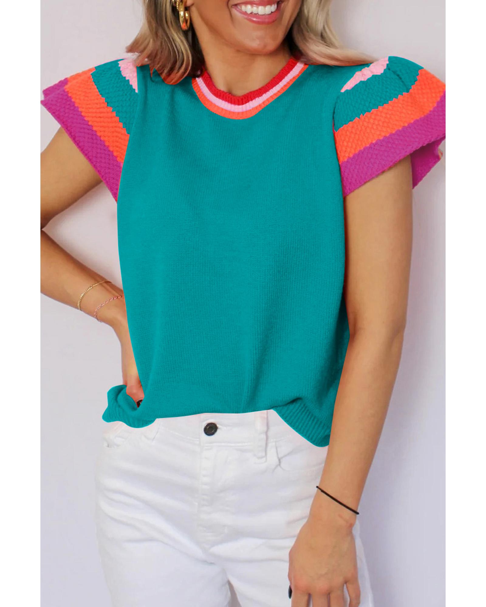 V539-AZEXDC2724732-P404-M-202508300100-00 Turquoise Contrast Flutter Sleeves Knitted Sweater T Shirt - M - Image 1