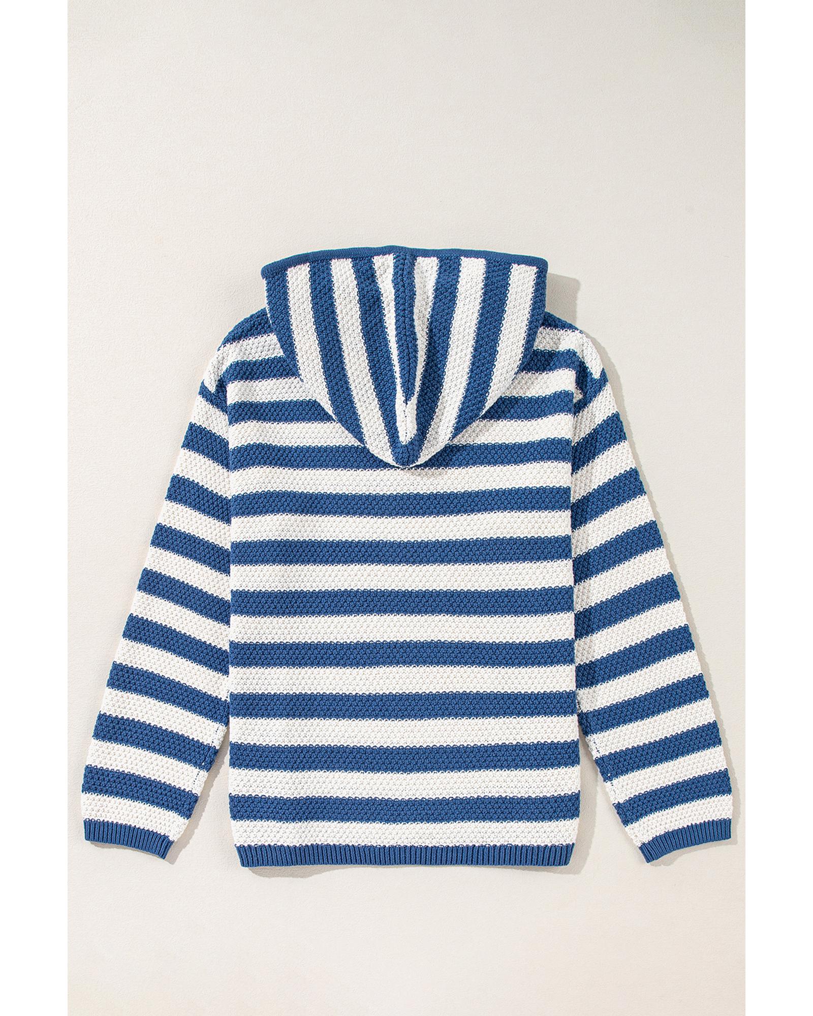 V539-AZEXDC2724763-P519-S-202506140142-00 Blue Stripe V Neck Pocketed Drawstring Hooded Sweater - S - Image 1