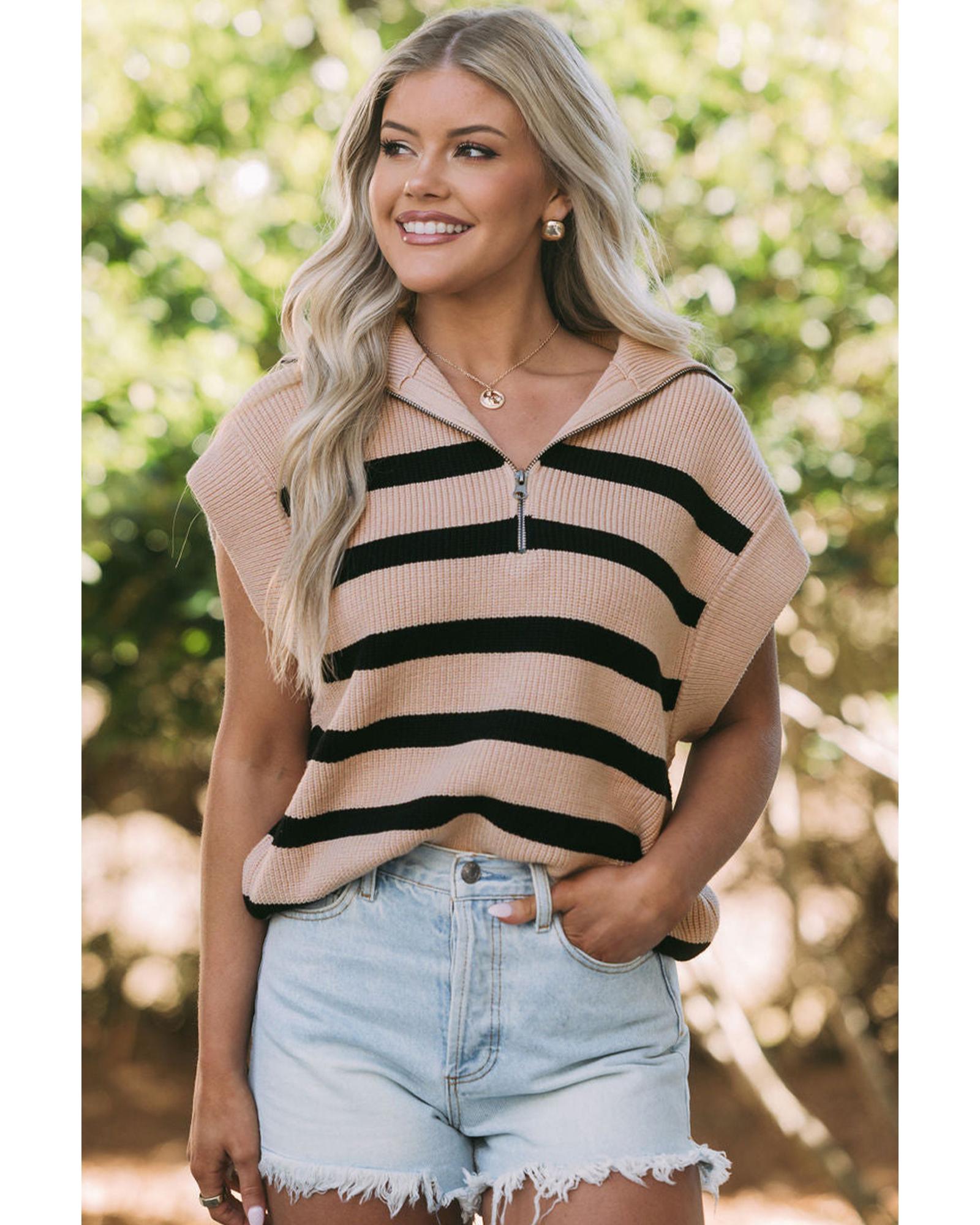 V539-AZEXDC2724768-P1619-XL-202508280200-00 Khaki Stripe Zipped Collar Short Sleeve Sweater - XL - Image 1