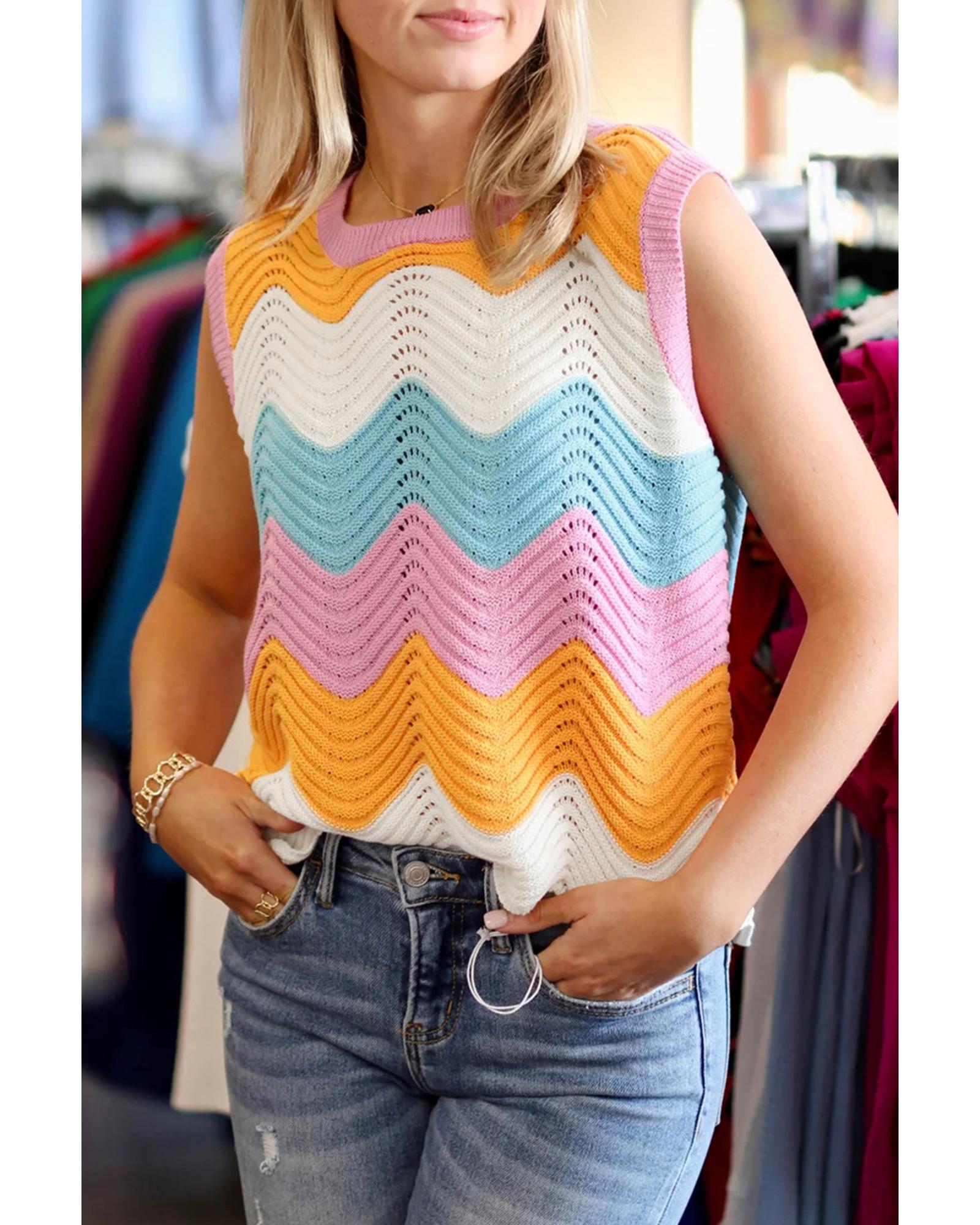 V539-AZEXDC2724814-P22-S-202506140215-00 Multicolour Striped Colorblock Scalloped Hem Knitted Vest - S - Image 1