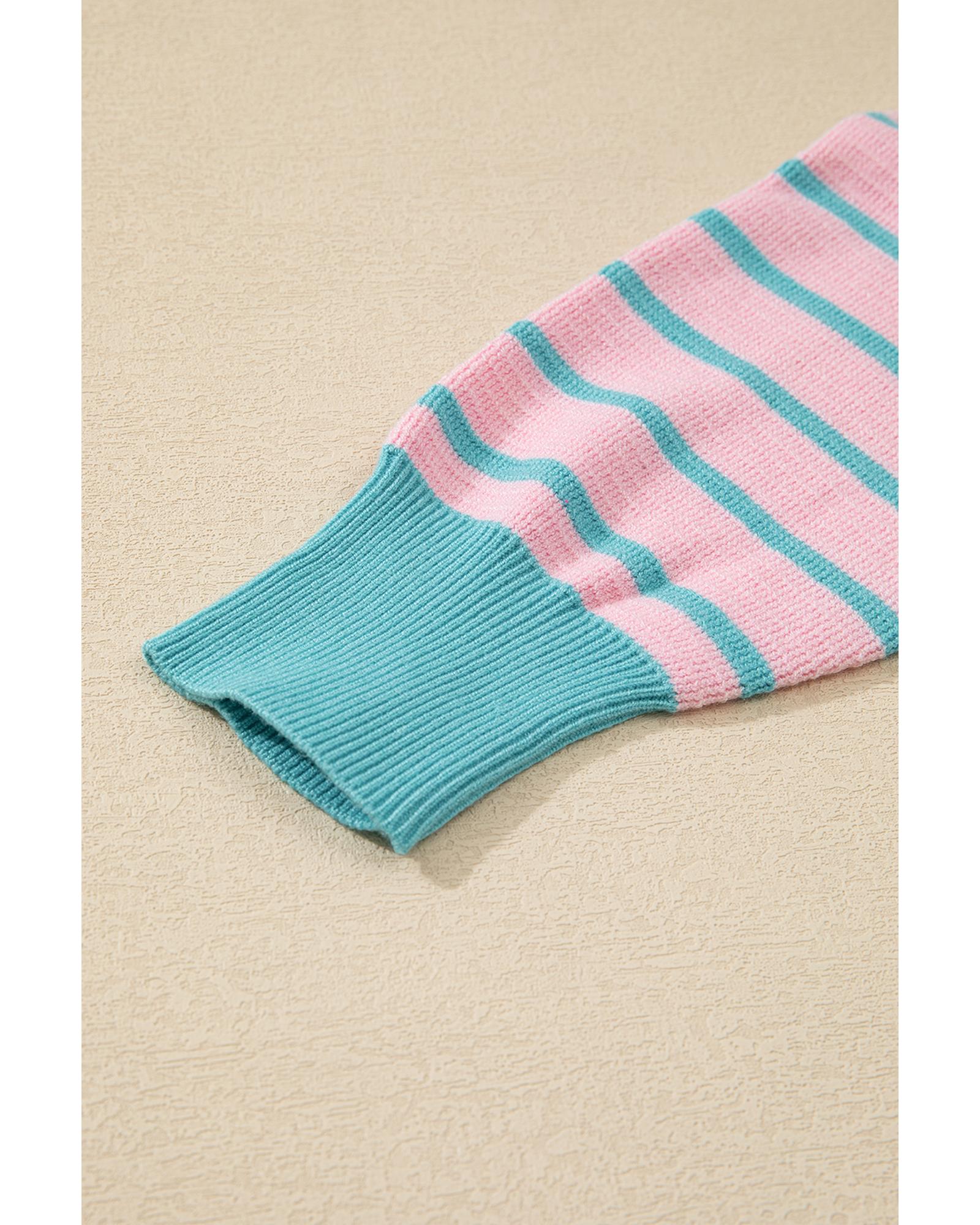 V539-AZEXDC2724825-P1019-M-202508292210-00 Pink Stripe Trimmed Round Neck Drop Shoulder Loose Sweater - M - Image 1