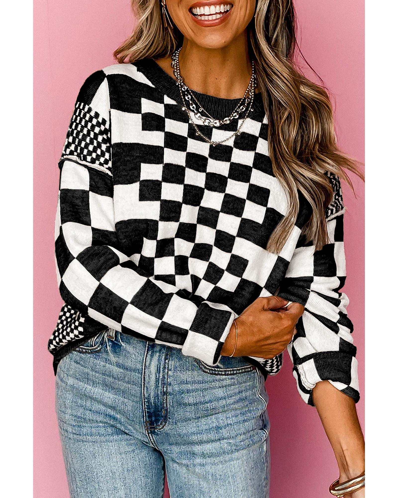 V539-AZEXDC2724831-P222-S-202506132231-00 Black Checkered Print Drop Shoulder Round Neck Sweater - S - Image 1