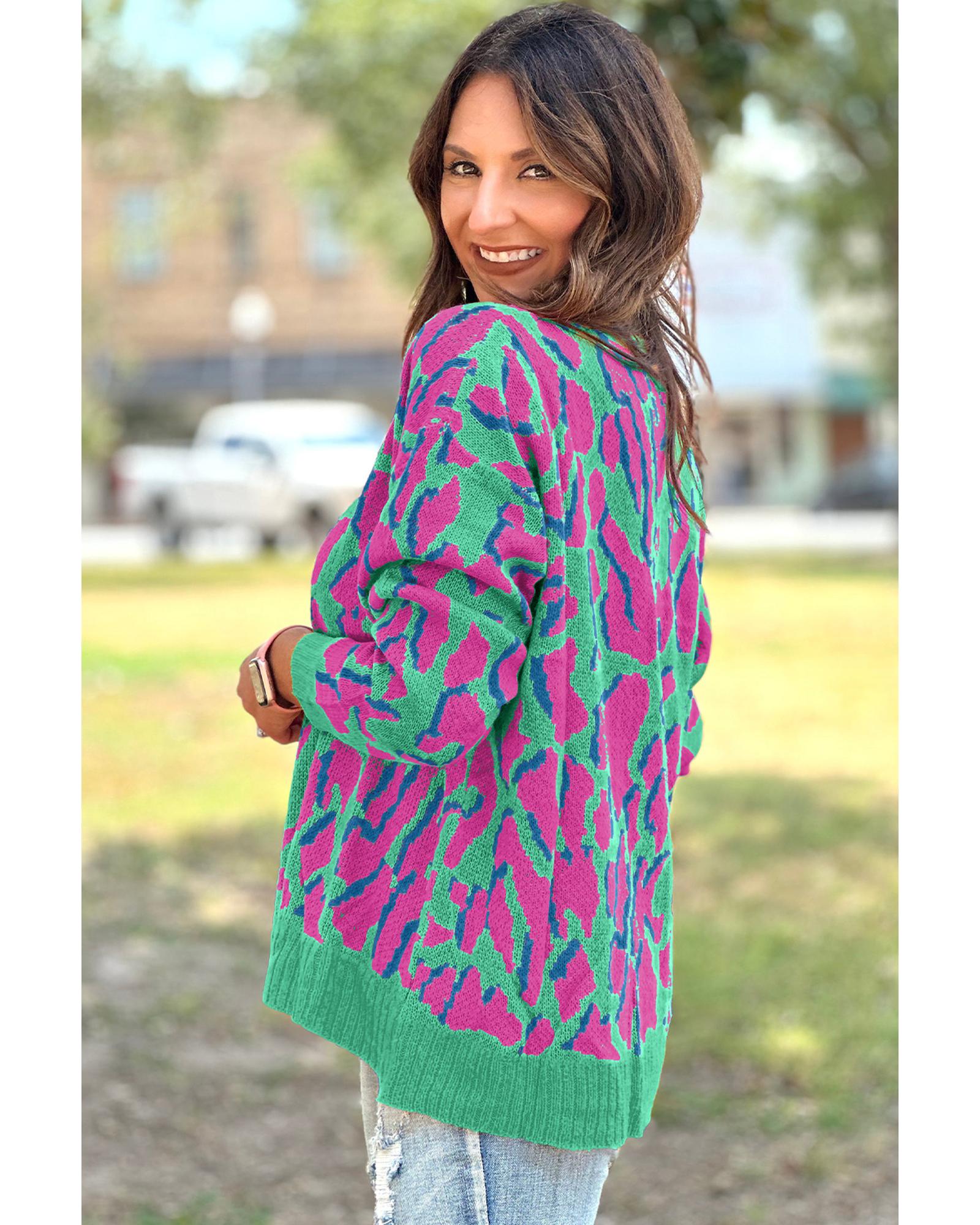 V539-AZEXDC2724842-P920-M-202508291615-00 Green Abstract Print Ribbed Trim Baggy Sweater - M - Image 1