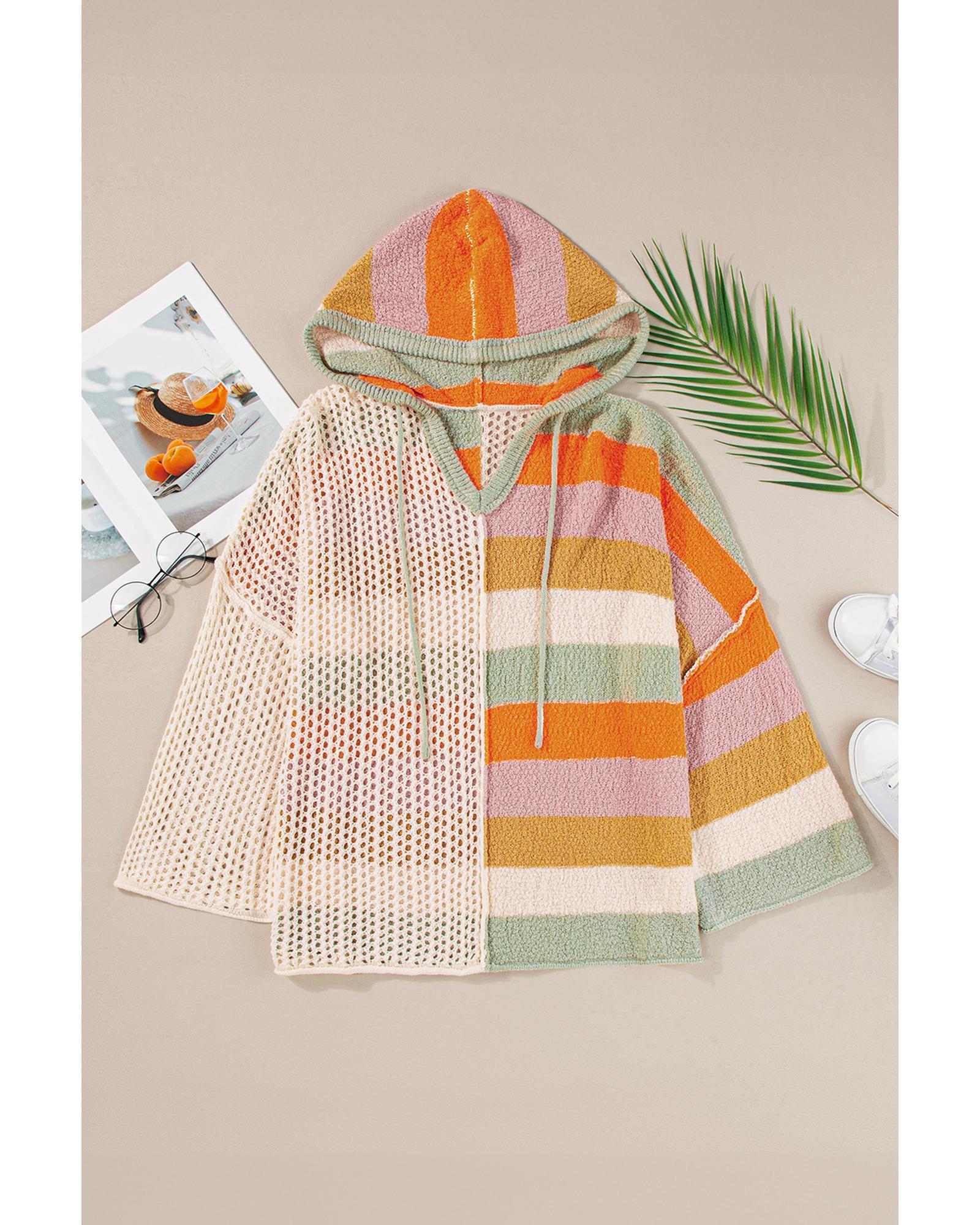 V539-AZEXDC2724858-P1522-S-202508300605-00 Beige Oversized Colorblock V Neck Hooded Sweater - S - Image 1