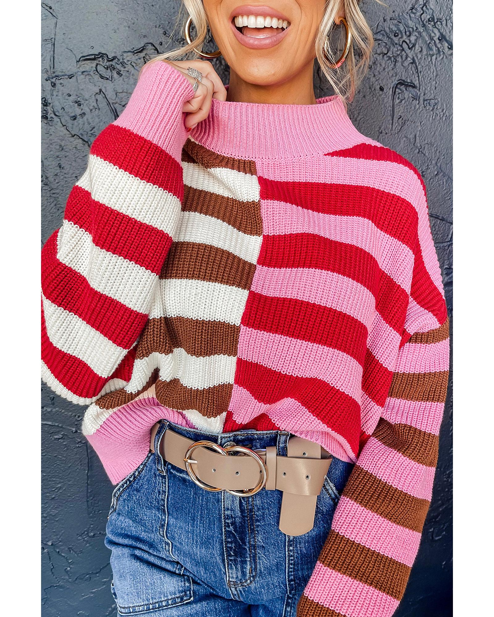 V539-AZEXDC2724929-P1019-L-202508300410-00 Pink Stripe Color Block High Neck Drop Shoulder Loose Sweater - L - Image 1