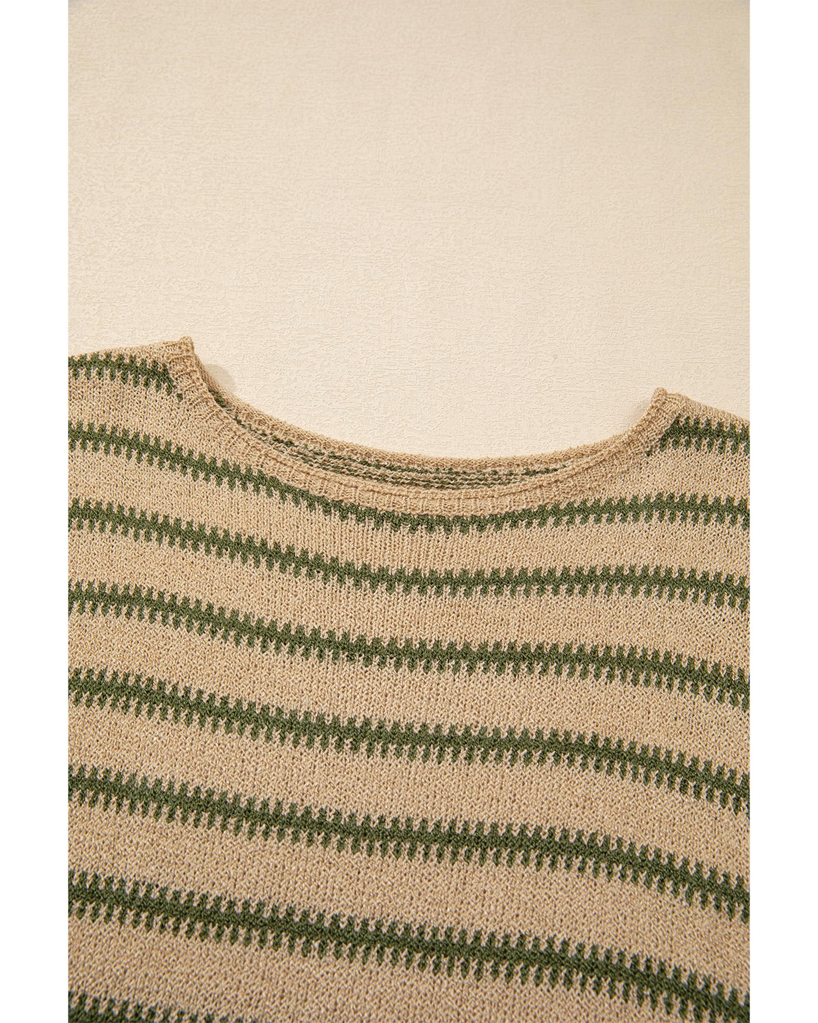 V539-AZEXDC2724967-P1619-M-202508280250-00 Khaki Stripe Drop Shoulder Casual Sweater - M - Image 1