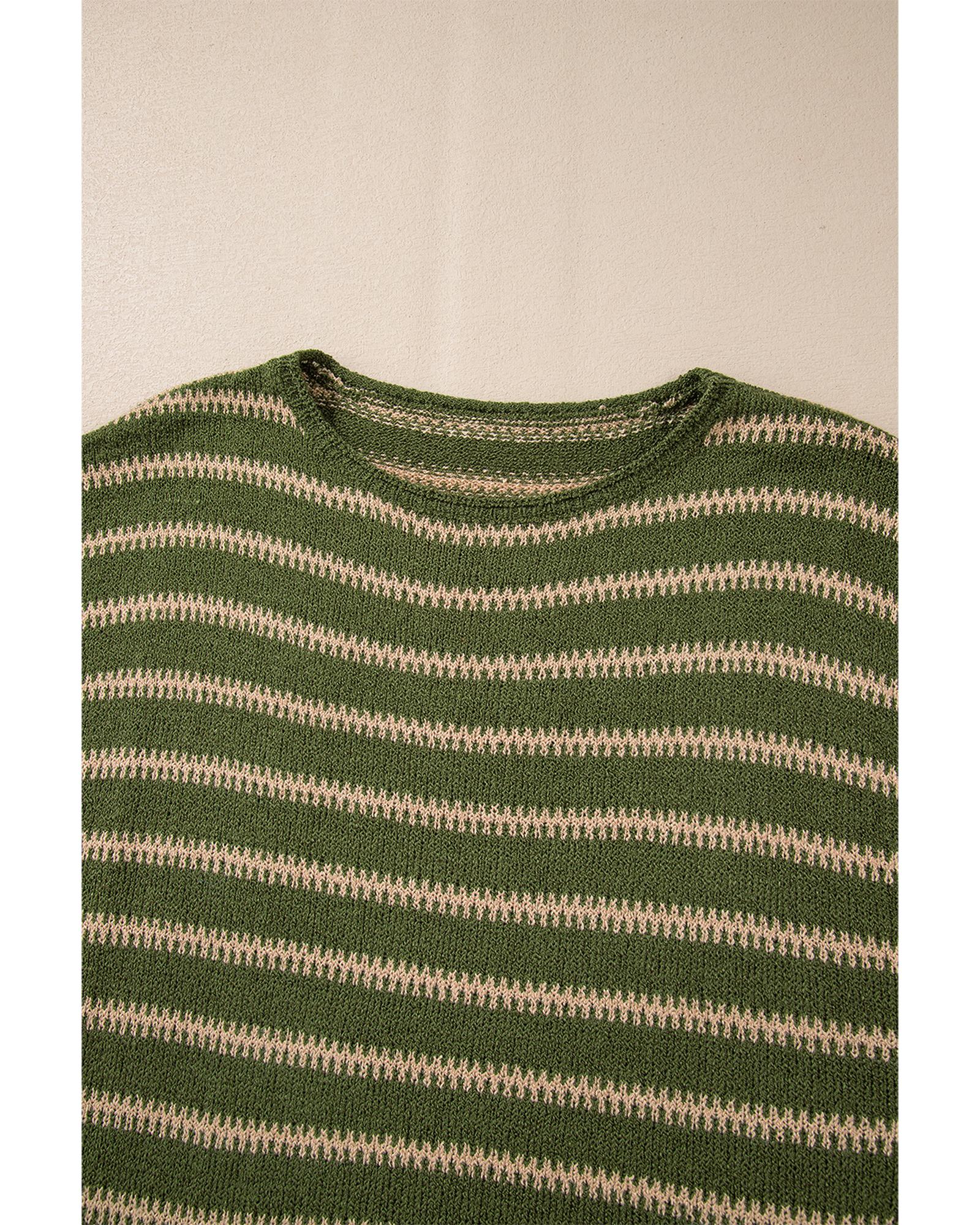 V539-AZEXDC2724967-P919-L-202508281520-00 Green Stripe Drop Shoulder Casual Sweater - L - Image 1