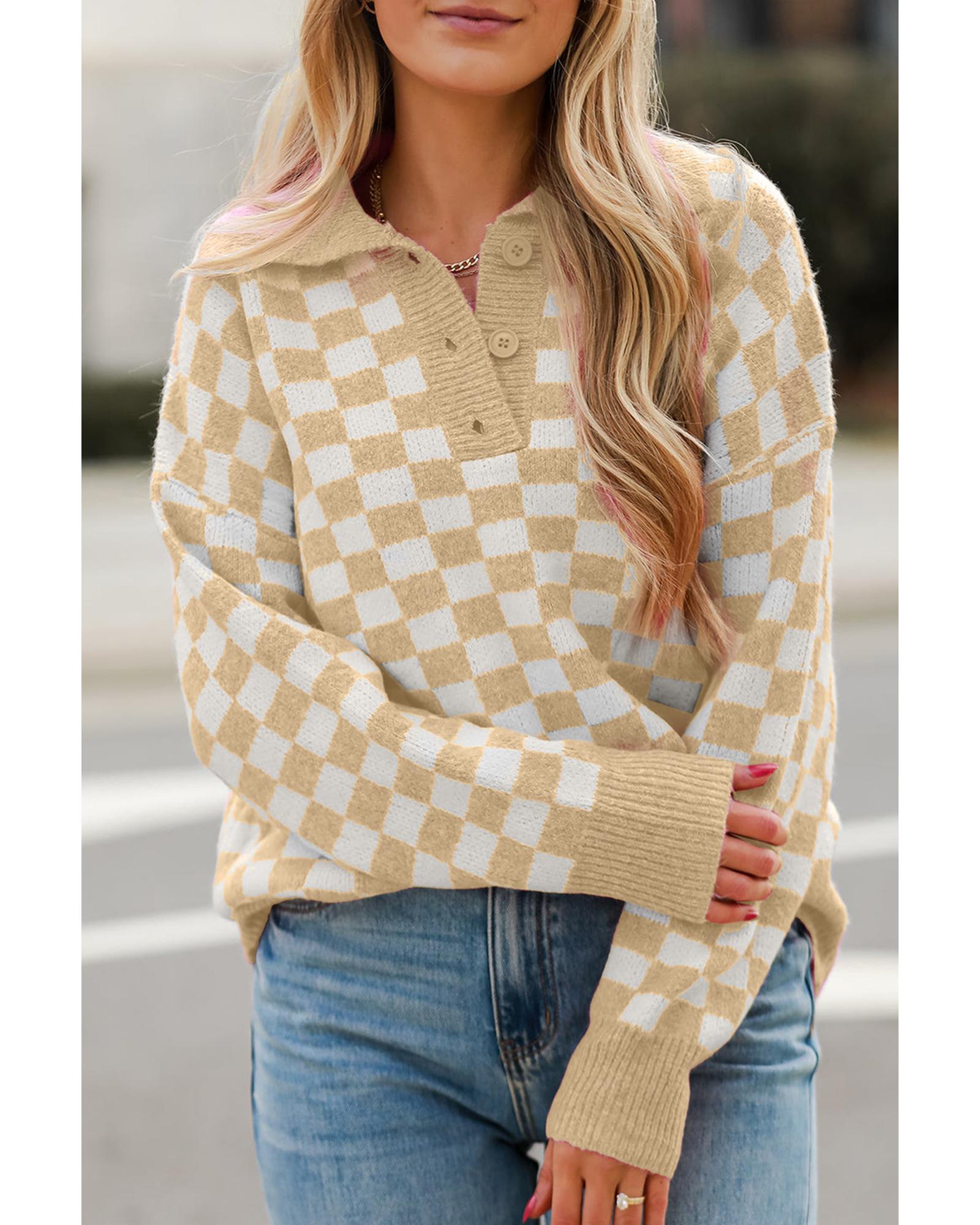 V539-AZEXDC2724988-P1822-M-202508292335-00 Apricot Checkered Buttons Collar V Neck Drop Shoulder Sweater - M - Image 1