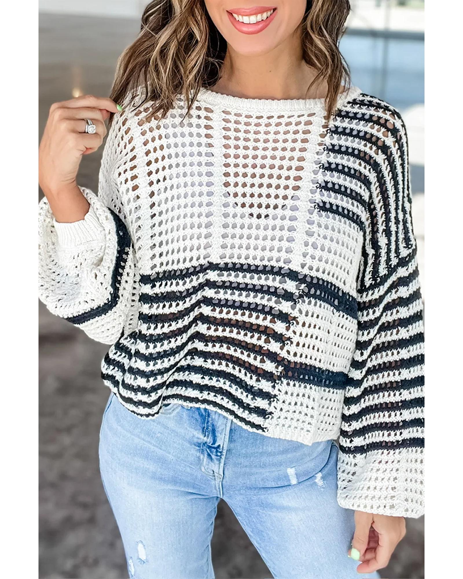 V539-AZEXDC2724996-P119-S-202508280435-00 White Stripe Contrast Striped Crochet Puff Sleeve Sweater - S - Image 1