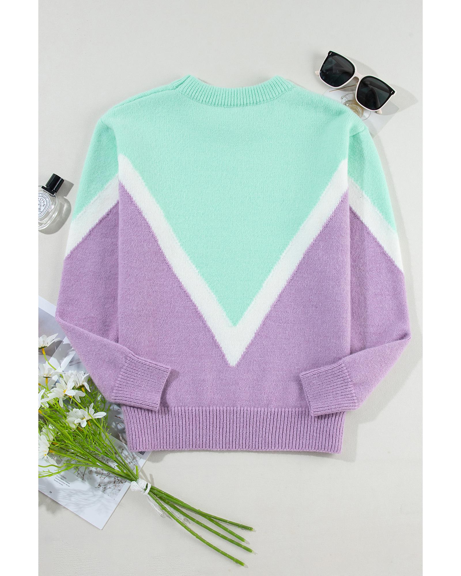 V539-AZEXDC2725002-P922-XL-202508281310-00 Green Chevron Colorblock Ribbed Knit Drop Shoulder Sweater - XL - Image 1