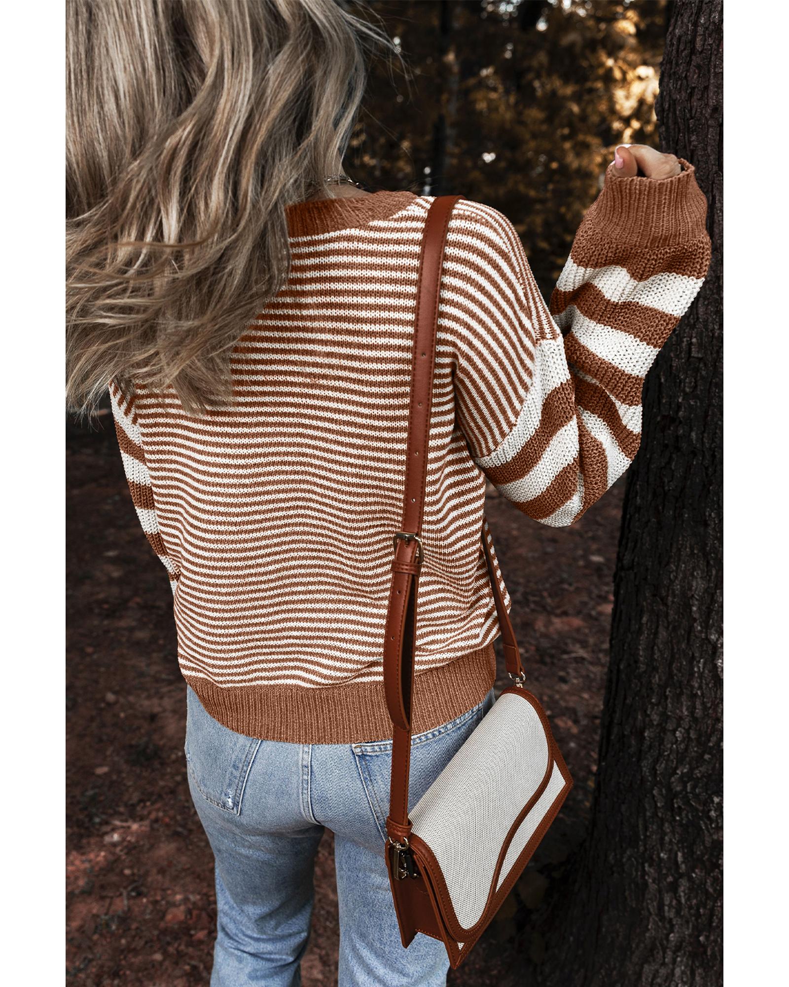 V539-AZEXDC2725013-P1719-M-202508281815-00 Brown Stripe Geometric Textured Drop Shoulder Sweater - M - Image 1