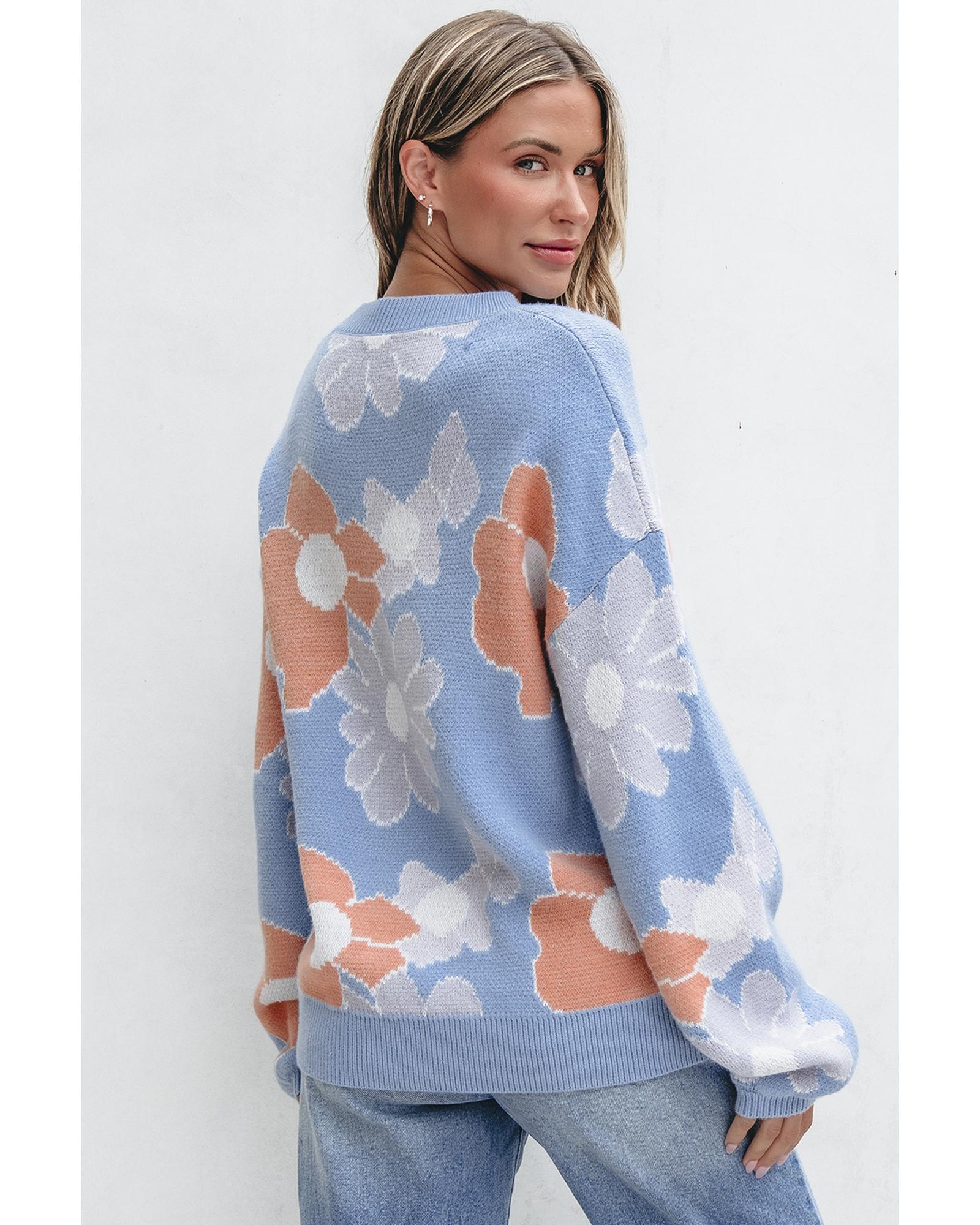 V539-AZEXDC2725031-P804-L-202508290005-00 Beau Blue Floral O Neck Drop Shoulder Knitted Sweater - L - Image 1