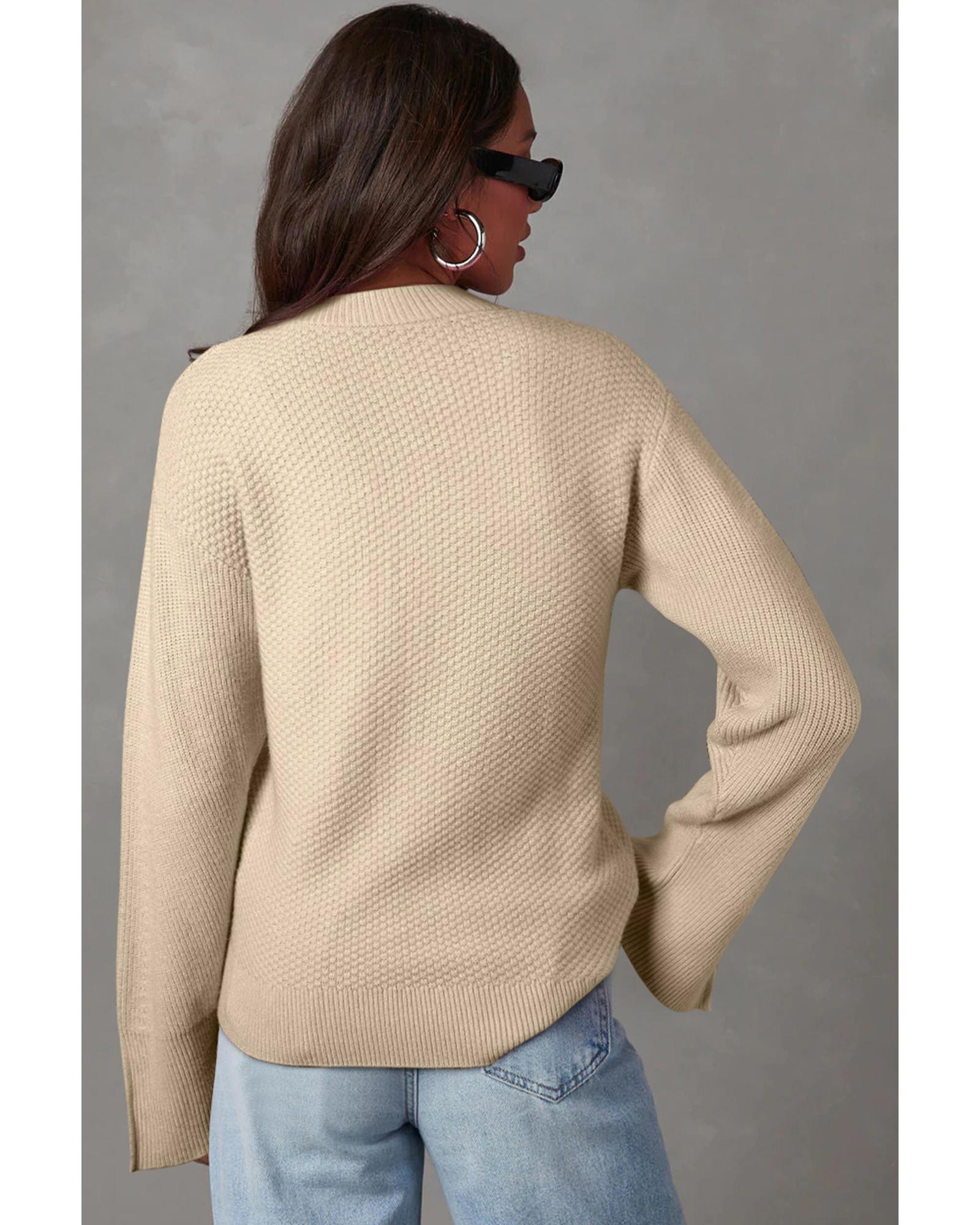 V539-AZEXDC2725075-P6016-M-202508281410-00 Parchment Solid Textured Knit Split Cuff Drop Shoulder Loose Sweater - M - Image 1