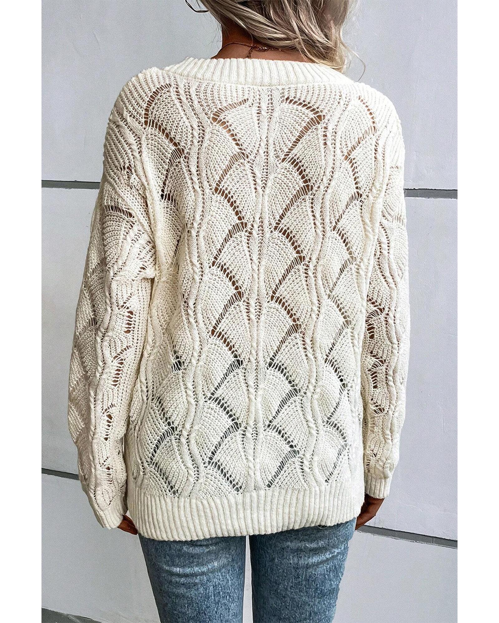 V539-AZEXDC2725100-P15-L-202508291745-00 Beige Hollow Out Knit V Neck Drop Shoulder Sweater - L - Image 1