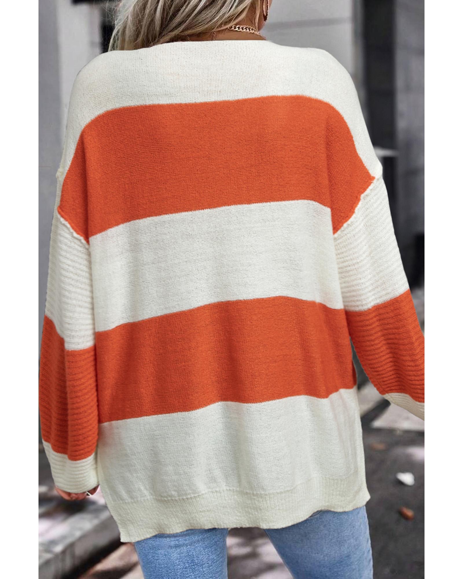 V539-AZEXDC2725109-P1419-M-202508280150-00 Orange Stripe Loose Color Block Drop Shoulder Bubble Sleeve Sweater - M - Image 1