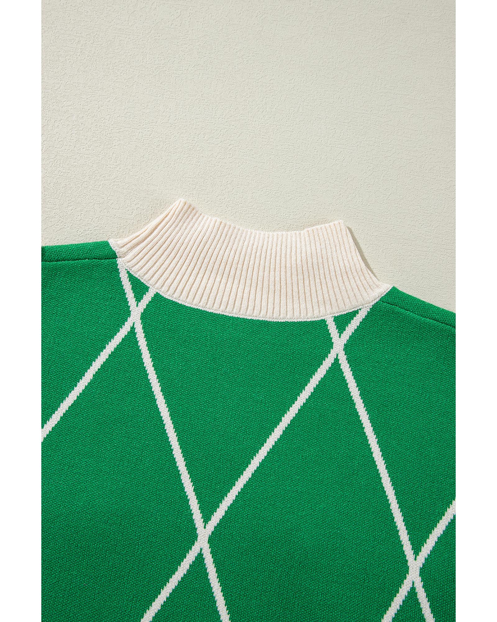 V539-AZEXDC2725239-P209-S-202506140117-00 Dark Green Diamond Pattern Pom Accents Contrast Trim High Neck Sweater - S - Image 1