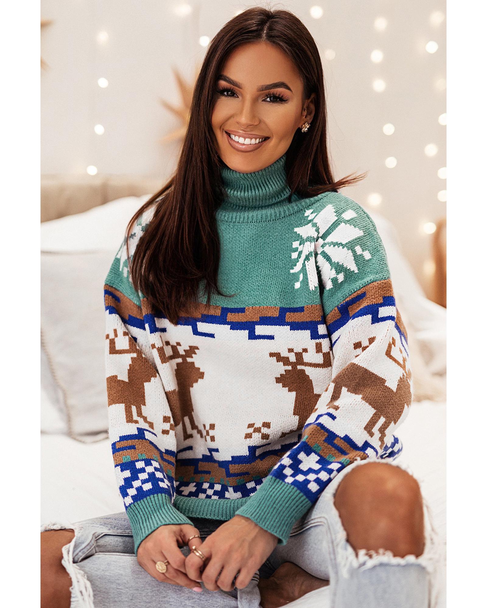 V539-AZEXDC2725246-P2609-L-202508290040-00 Canton Christmas Reindeer Snowflake Colorblock Turtleneck Sweater - L - Image 1
