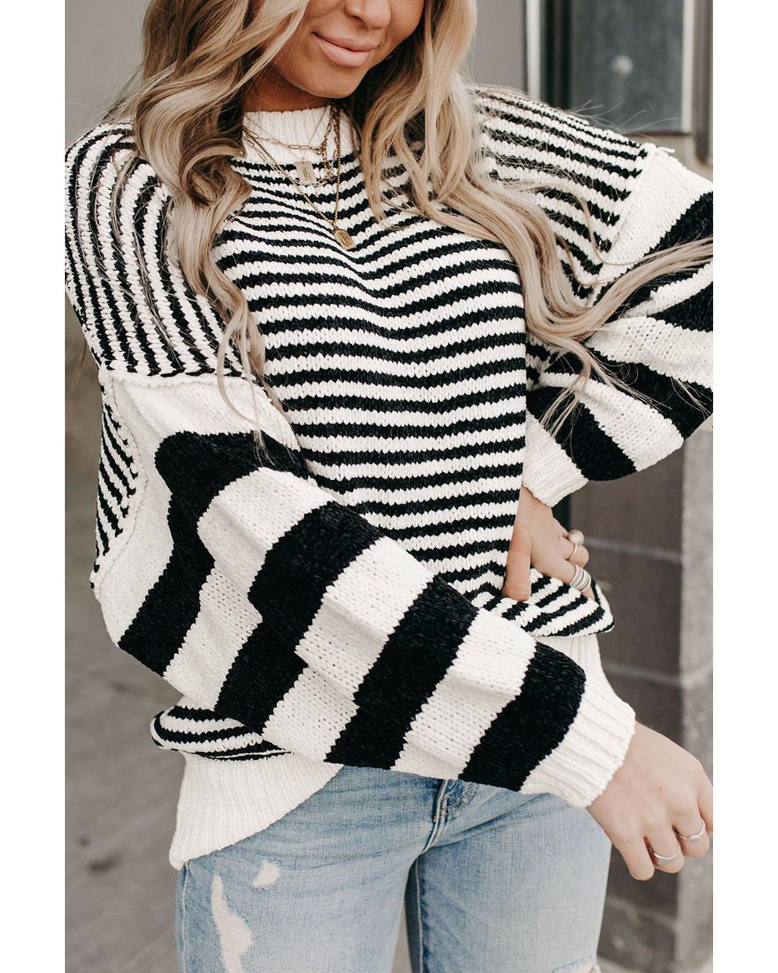 V539-AZEXDC2725304-P102-XL-202508281745-00 Black white Striped Drop Shoulder Bishop Sleeve Knit Sweater - XL - Image 1