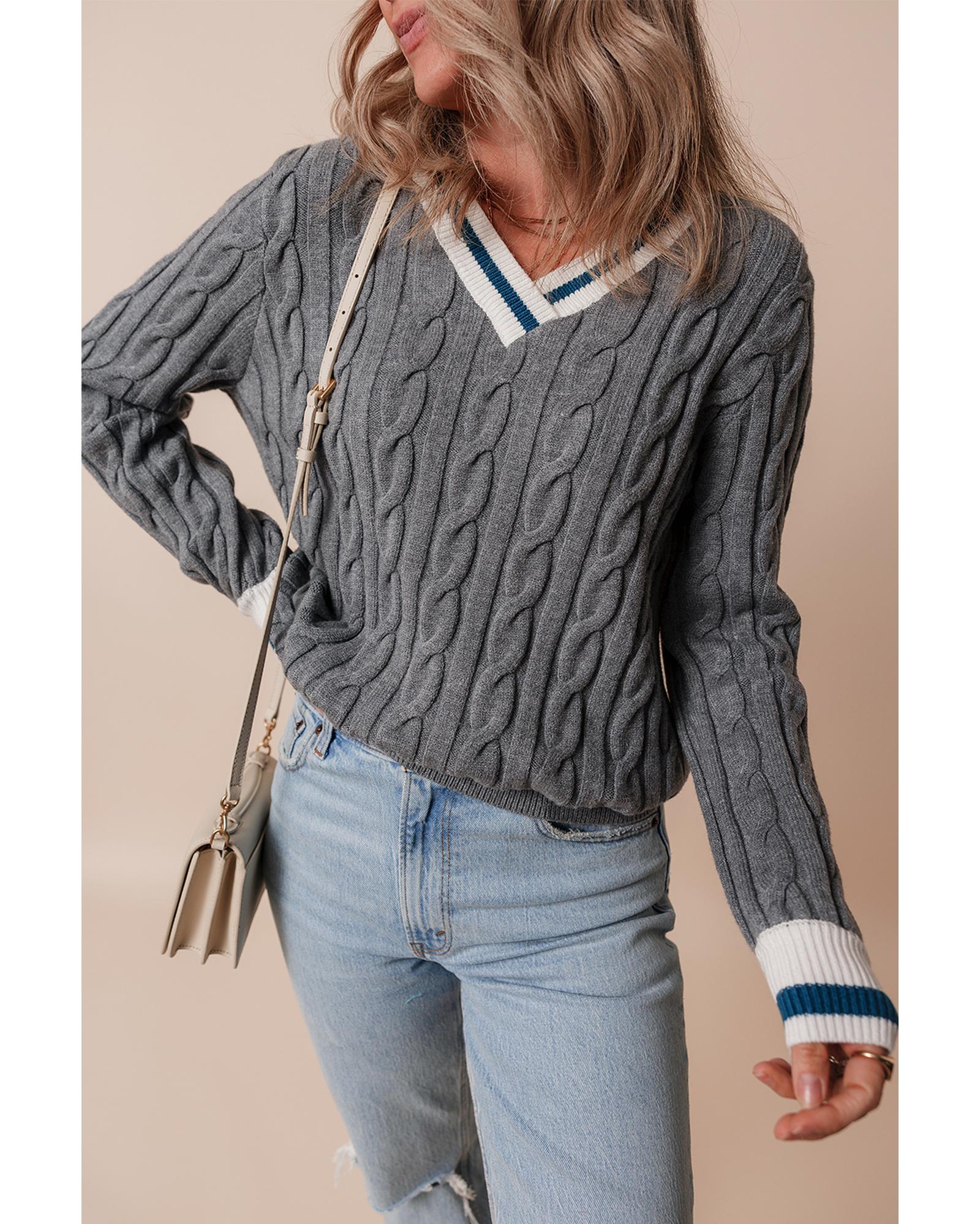 V539-AZEXDC2725307-P3011-S-202506140207-00 Medium Grey Color Contrast Ribbed Edge Cable Knit V Neck Sweater - S - Image 1