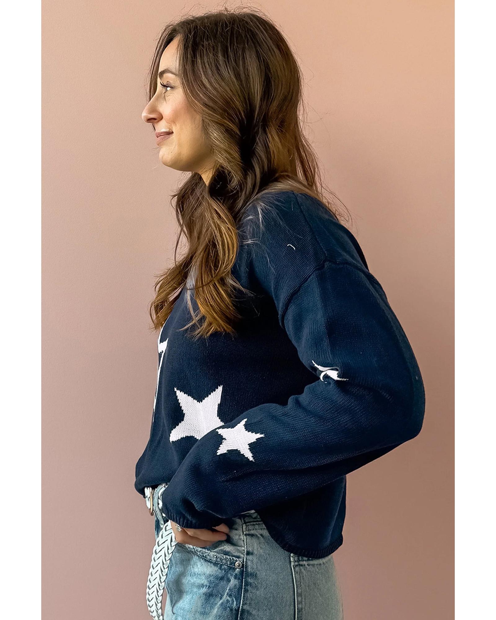 V539-AZEXDC2725325-P905-M-202508291845-00 Sail Blue Star Pattern Drop Shoulder Knitted Sweater - M - Image 1