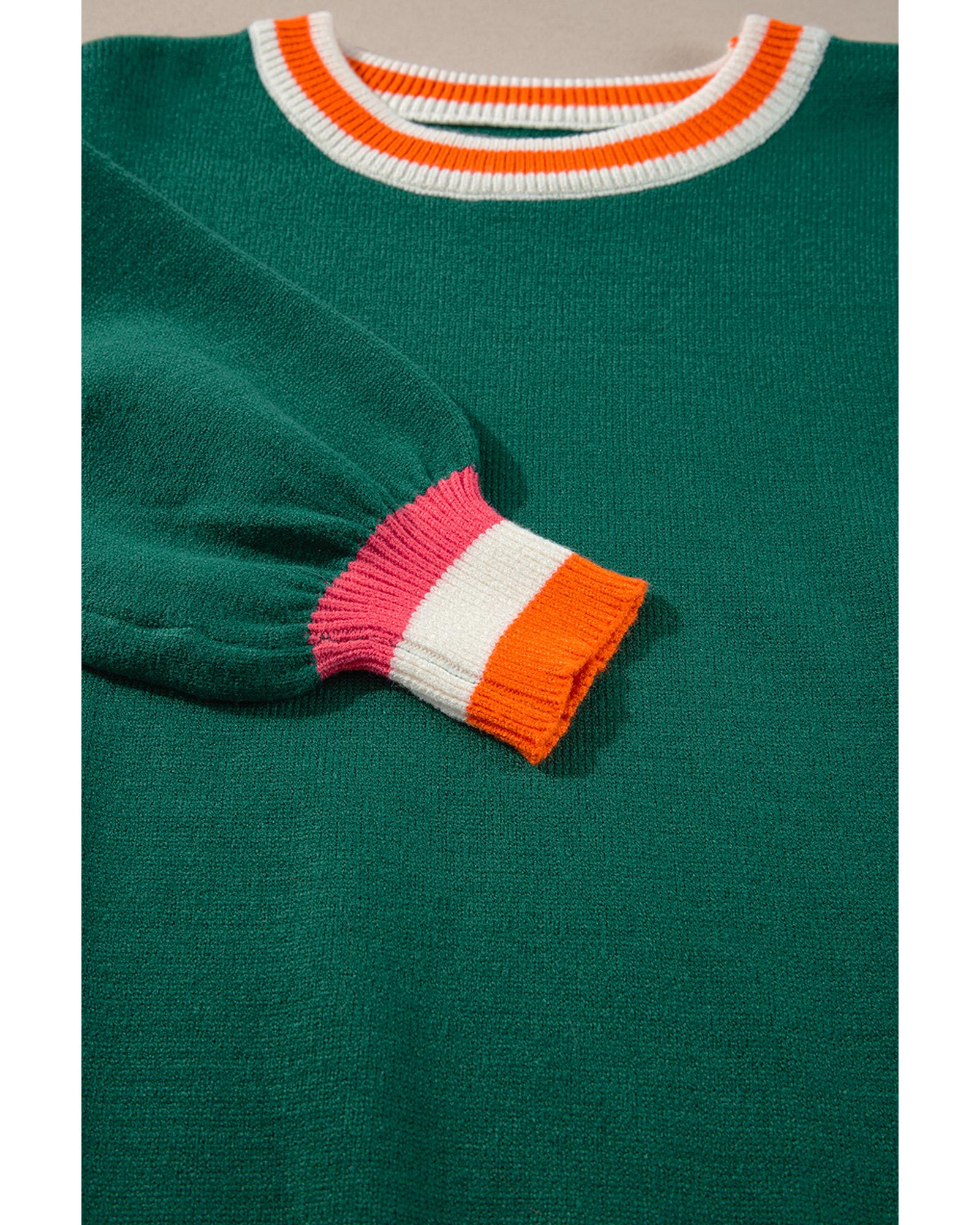 V539-AZEXDC2725372-P309-L-202508300310-00 Blackish Green Colorblock Striped Trim Drop Shoulder Sweater - L - Image 1