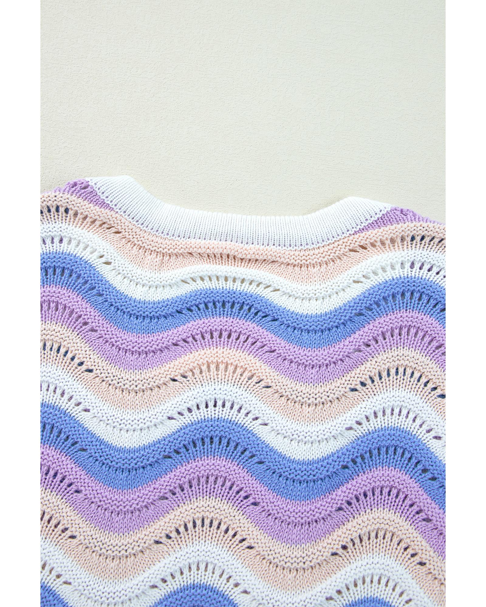 V539-AZEXDC2725407-P819-L-202508282010-00 Purple Stripe Wavy Pointelle Knit Drop Shoulder Sweater - L - Image 1