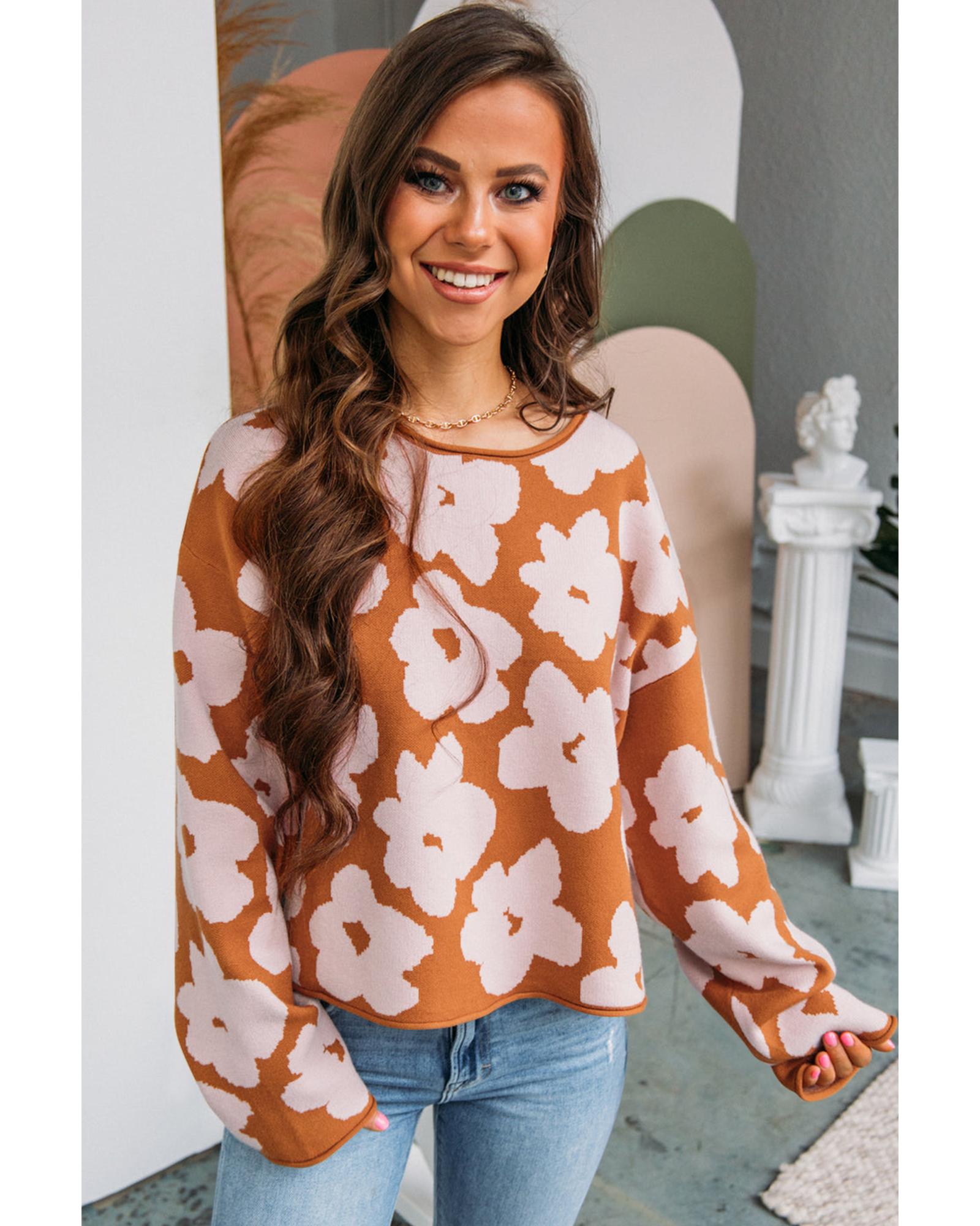 V539-AZEXDC2725417-P1722-M-202508291335-00 Brown Floral Pattern Crew Neck Long Sleeve Loose Sweater - M - Image 1