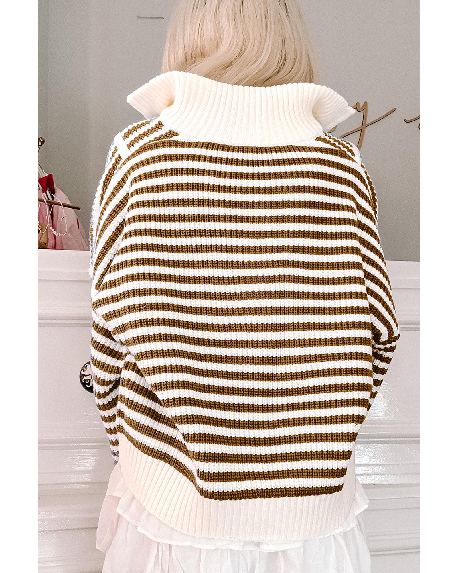 V539-AZEXDC2725432-P1619-XL-202506132220-00 Khaki Stripe Zip up Collar Drop Shoulder Sweater - XL - Image 1