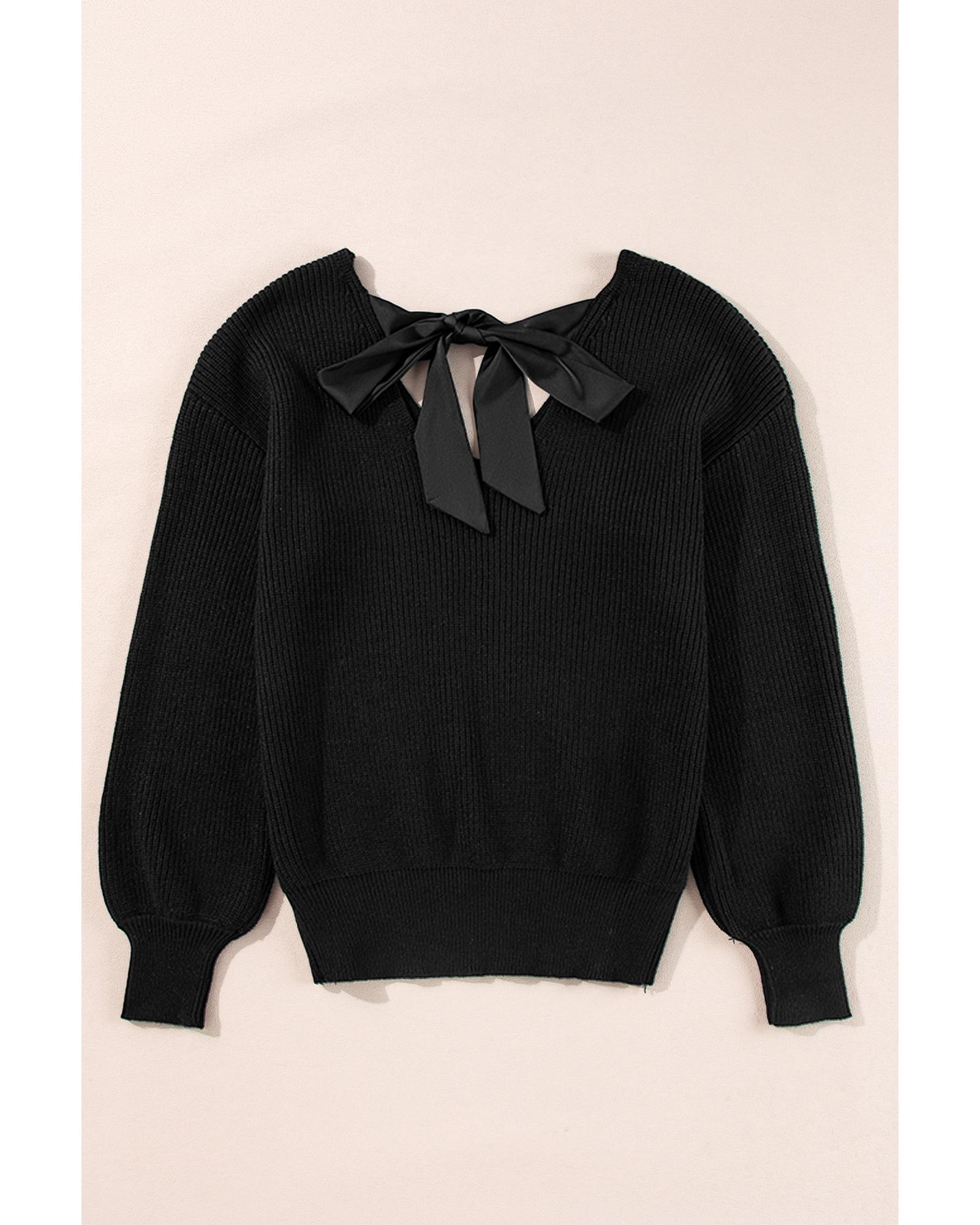 V539-AZEXDC2725453-P2-L-202506132235-00 Black Lantern Sleeve V Neck Knot Back Sweater - L - Image 1