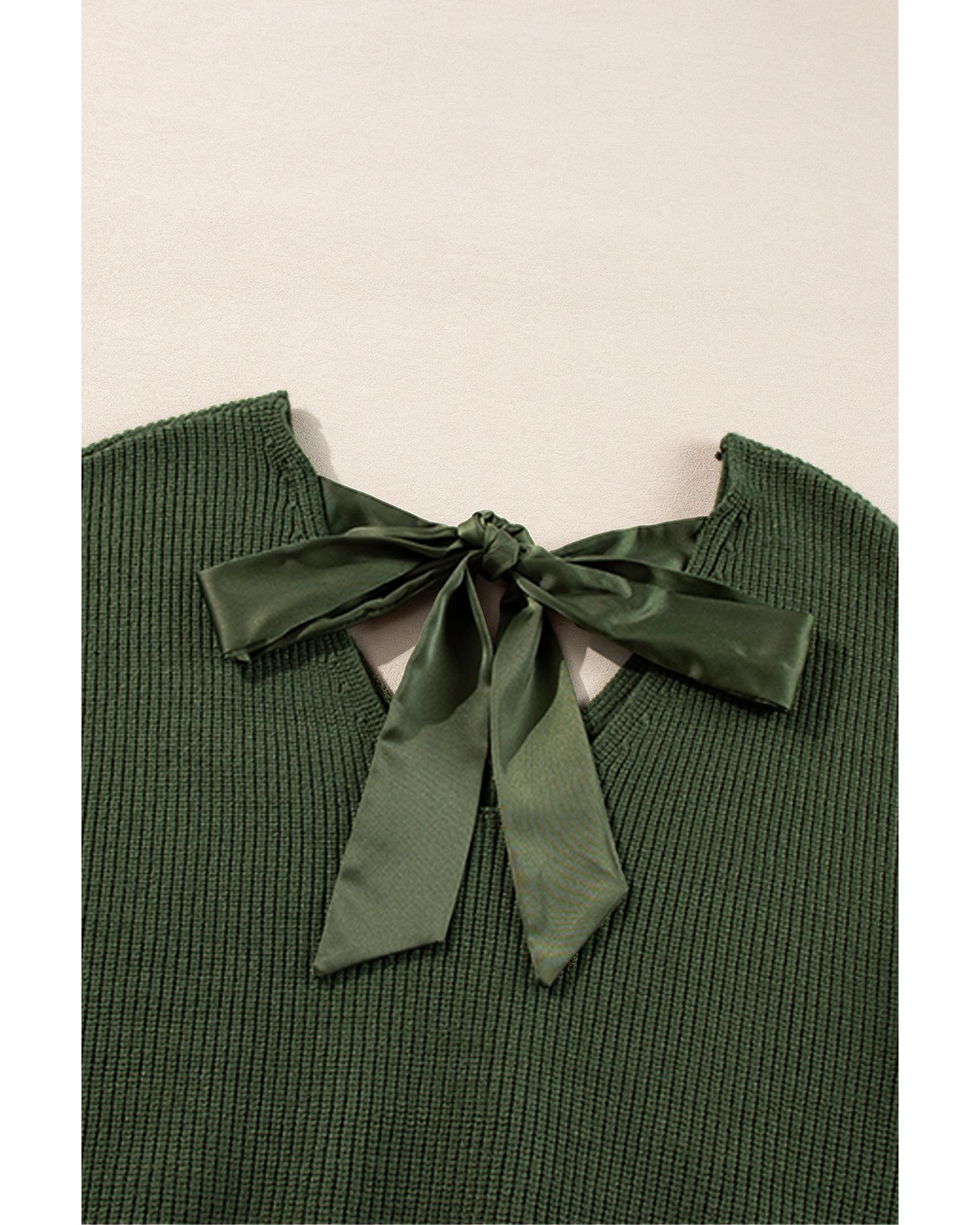 V539-AZEXDC2725453-P609-XL-202506132236-00 Jungle Green Lantern Sleeve V Neck Knot Back Sweater - XL - Image 1