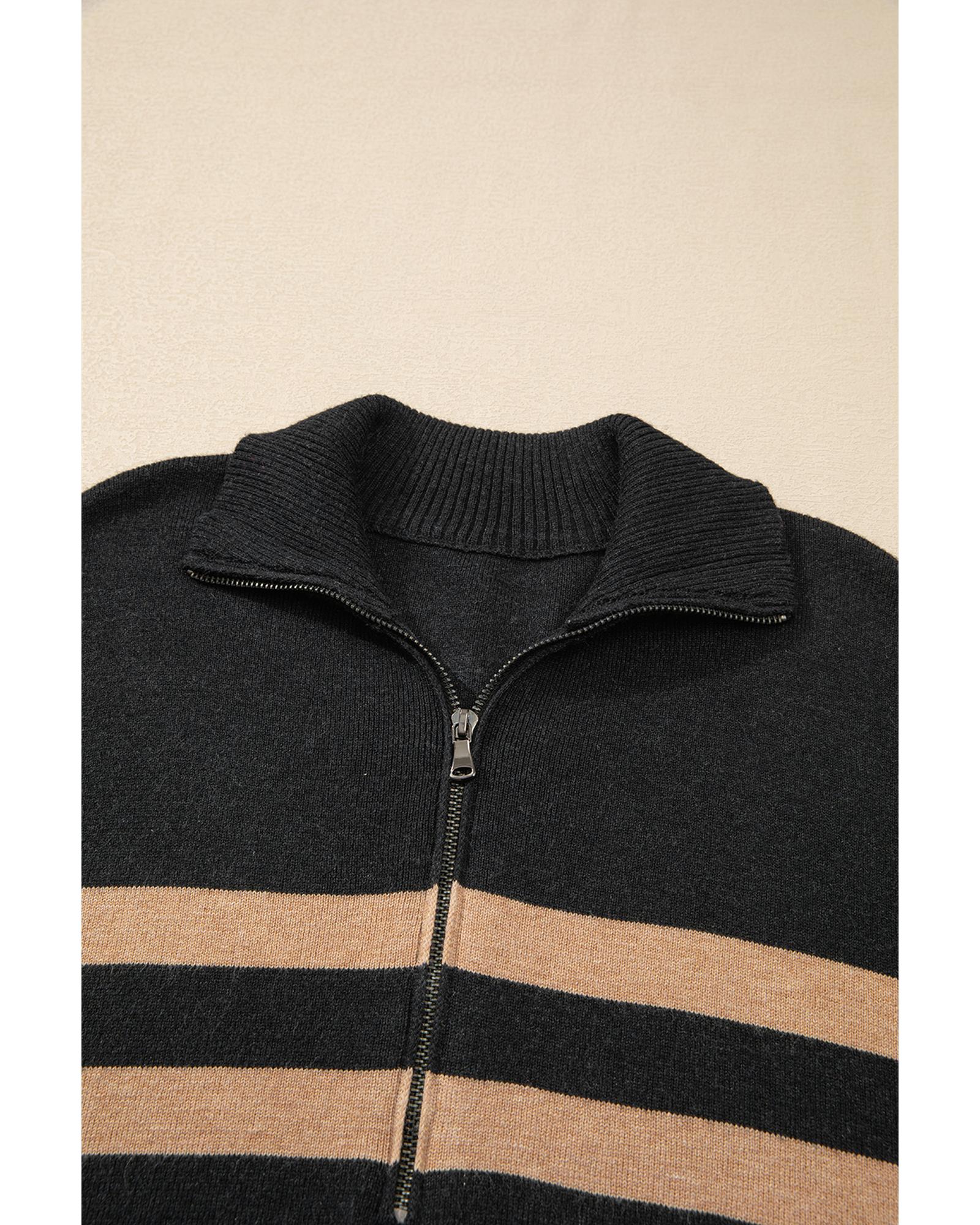 V539-AZEXDC2725463-P219-XL-202508280755-00 Black Stripe Collared Quarter Zipper Oversized Sweater - XL - Image 1