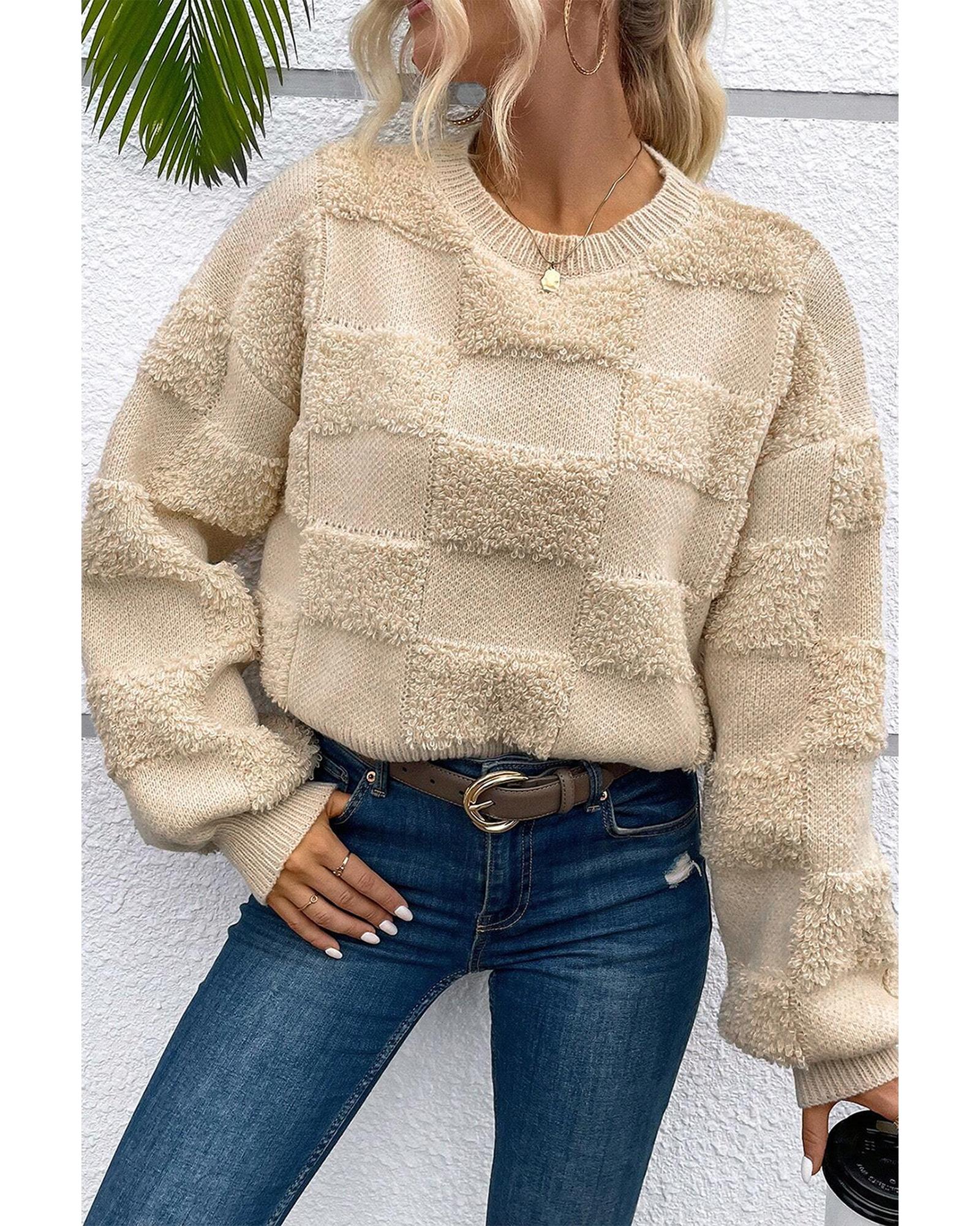 V539-AZEXDC2725469-P6016-XL-202508281805-00 Parchment Checkered Sherpa Crew Neck Loose Sweater - XL - Image 1