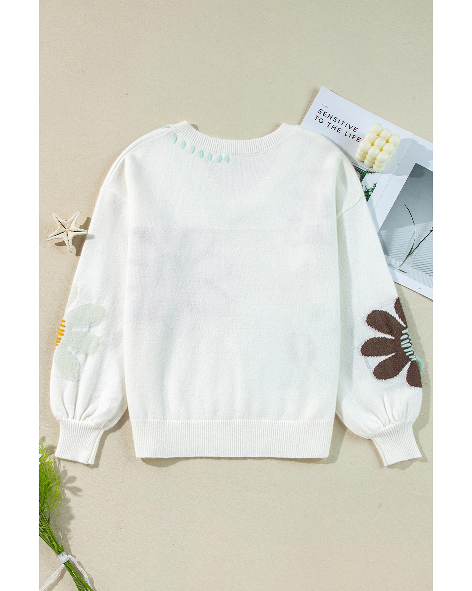 V539-AZEXDC2725515-P1-L-202508280930-00 White Big Flower Pattern V Neck Drop Shoulder Sweater - L - Image 1