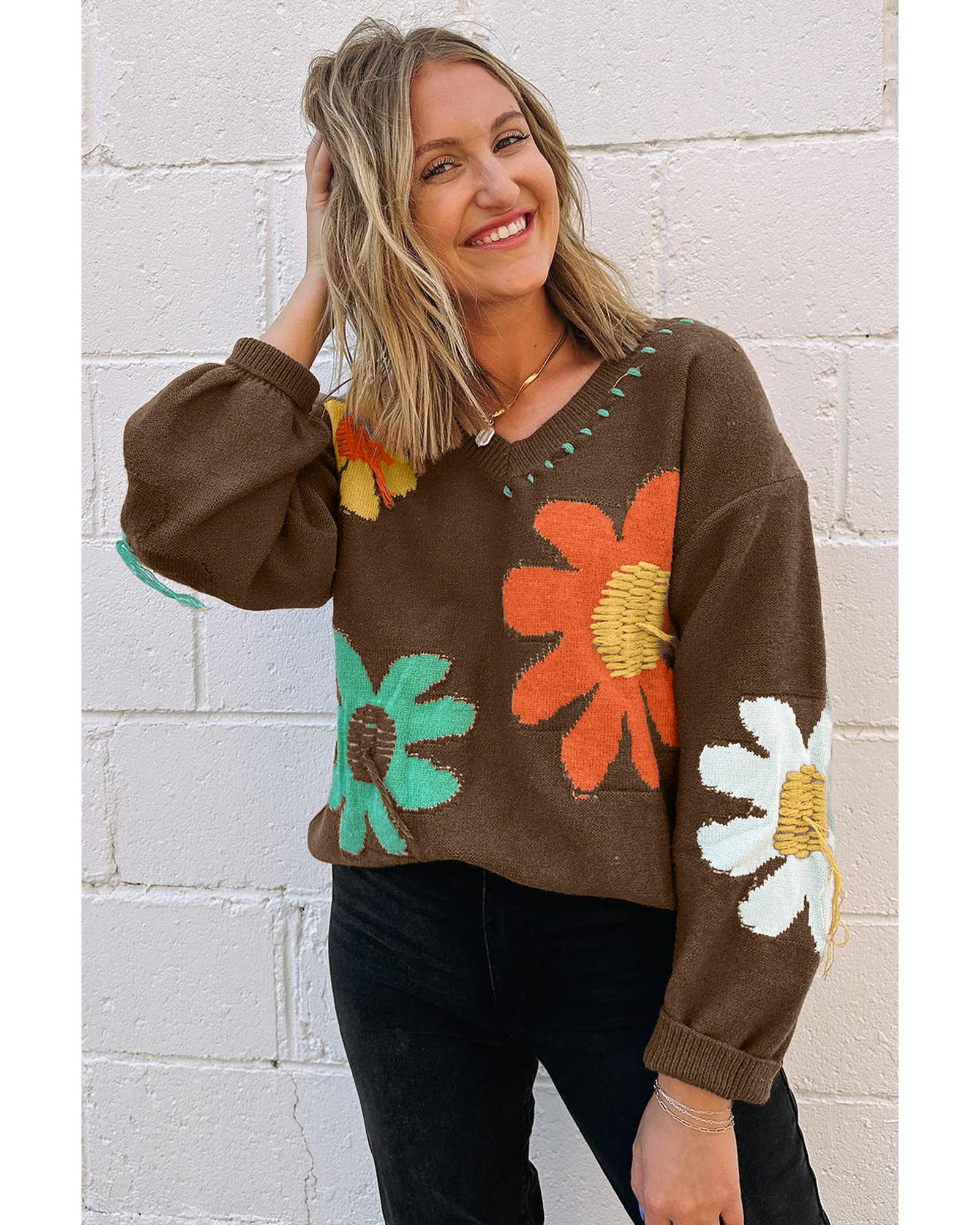 V539-AZEXDC2725515-P1017-M-202508280445-00 Coffee Big Flower Pattern V Neck Drop Shoulder Sweater - M - Image 1