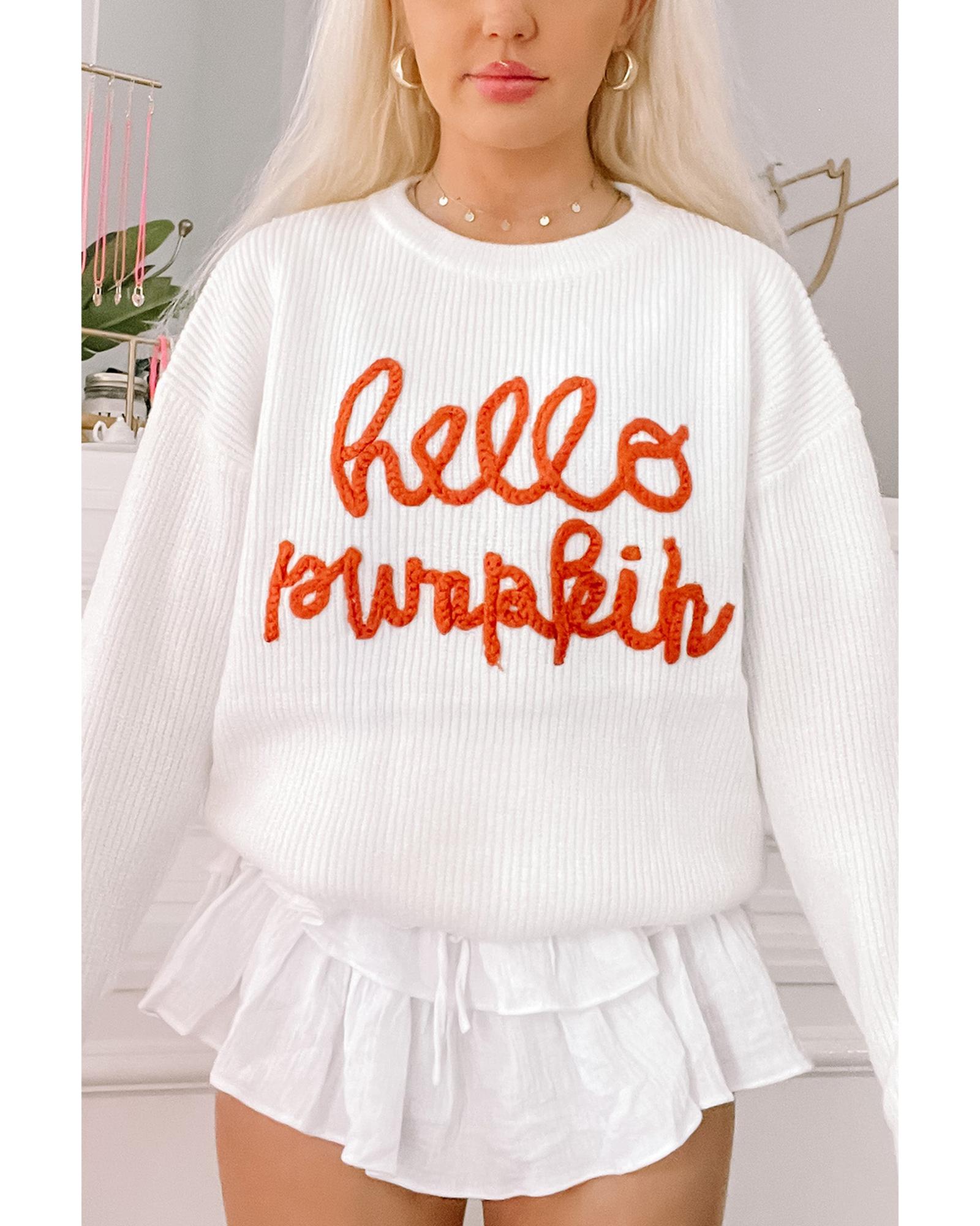 V539-AZEXDC2725576-P1-M-202508290015-00 White Hello Pumpkin Graphic Sweater - M - Image 1