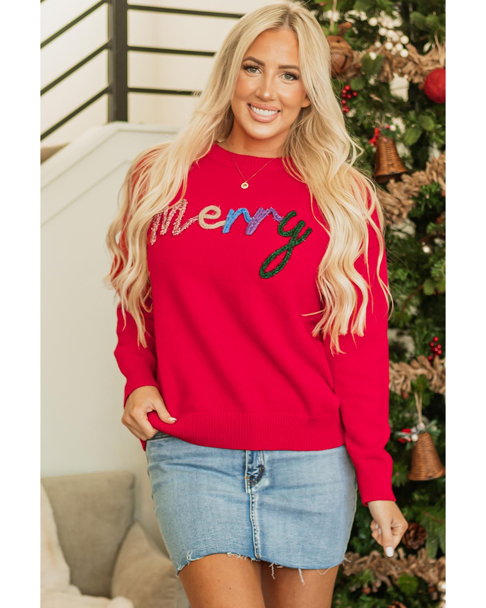 V539-AZEXDC2725581-P3-2XL-202508300535-00 Fiery Red Tinsel Merry Letter Drop Shoulder Baggy Sweater - 2XL - Image 1