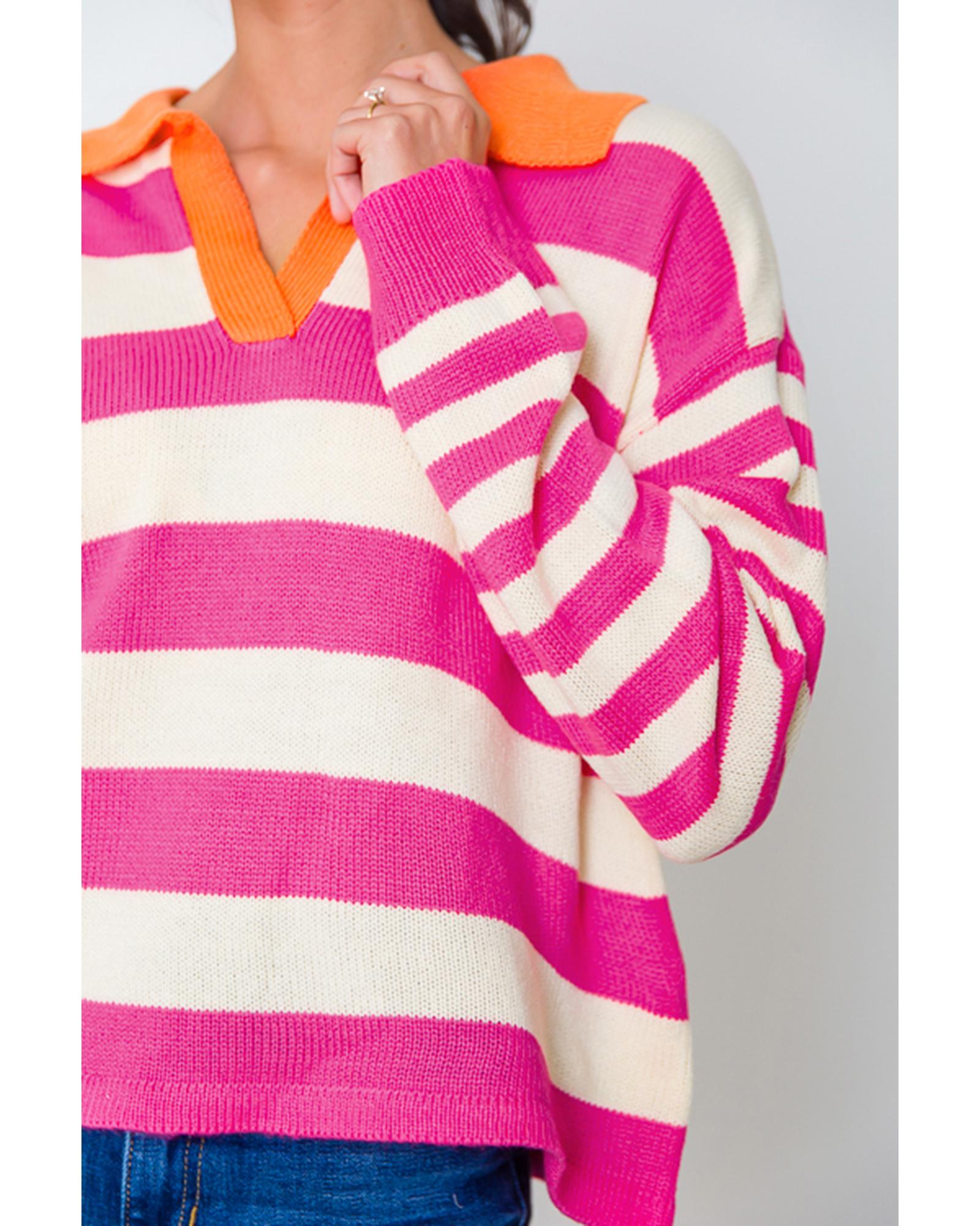 V539-AZEXDC2725583-P619-S-202506140426-00 Rose Stripe Color Block Collared V Neck Drop Shoulder Sweater - S - Image 1