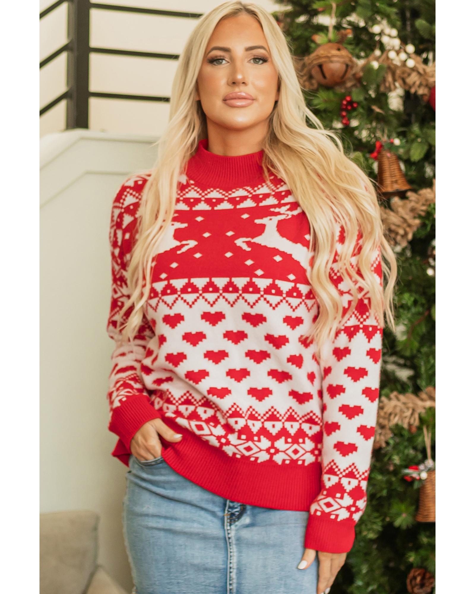 V539-AZEXDC2725603-P3-2XL-202508291705-00 Fiery Red Merry Christmas Reindeer Heart Pattern High Neck Sweater - 2XL - Image 1