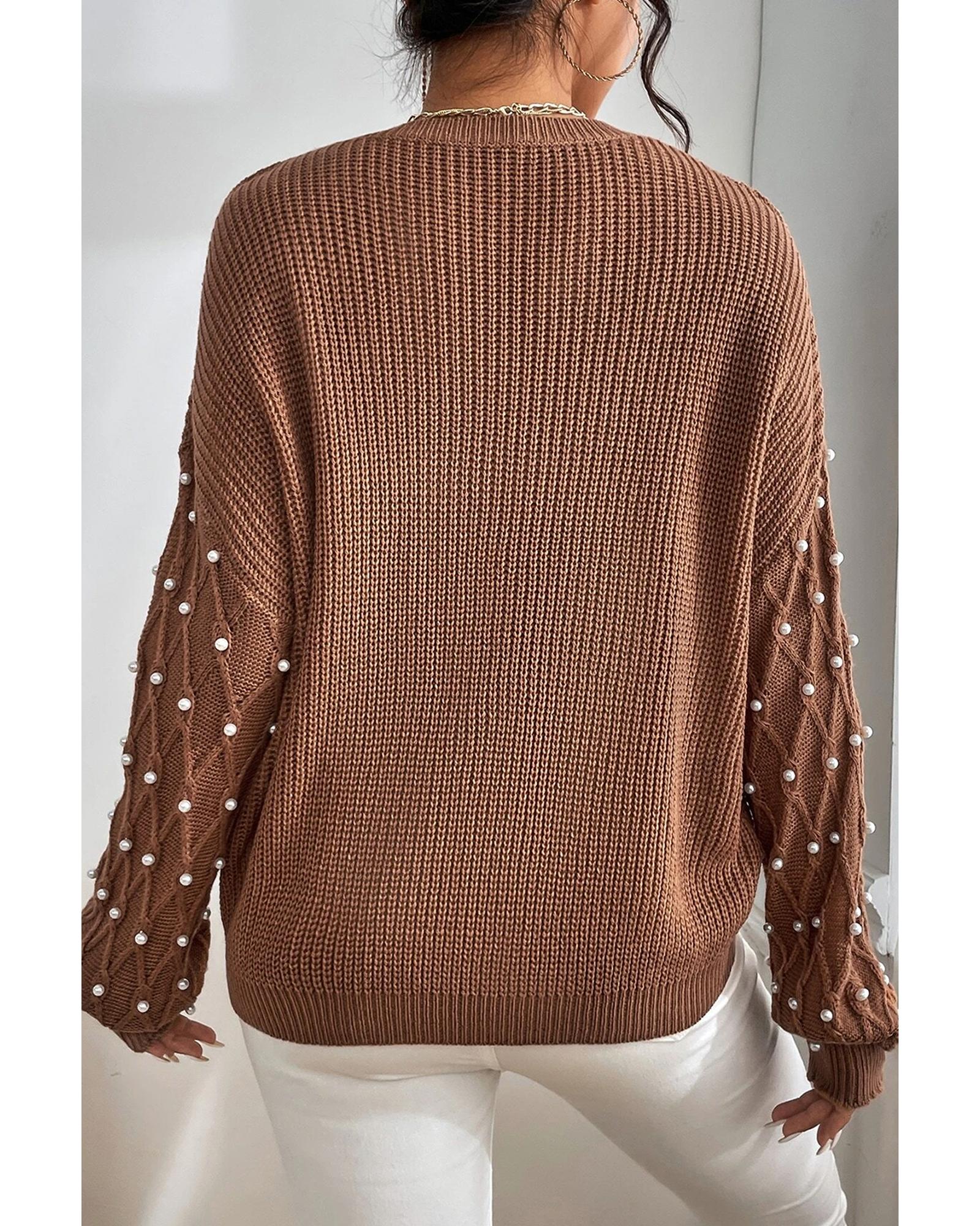 V539-AZEXDC2725605-P2017-XL-202508300700-00 Chestnut Beaded Drop Shoulder Round Neck Sweater - XL - Image 1