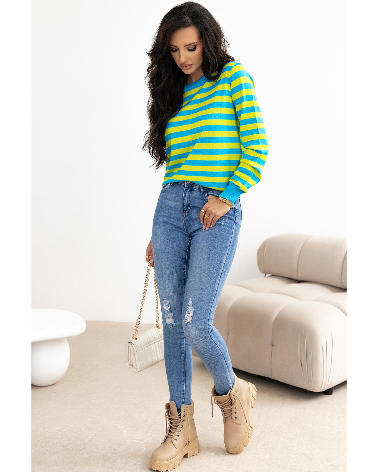 V539-AZEXDC2725631-P919-L-202508281715-00 Green Stripe Crew Neck Drop Shoulder Casual Sweater - L - Image 1