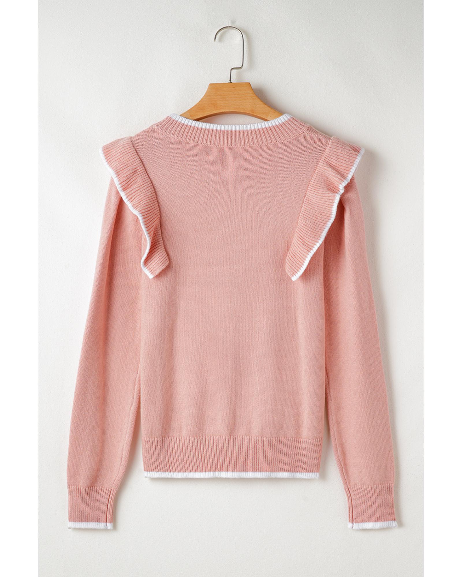 V539-AZEXDC2725639-P1010-S-202506140515-00 Light Pink Ruffled Bowknot Ribbed Trim Long Sleeve Sweater - S - Image 1
