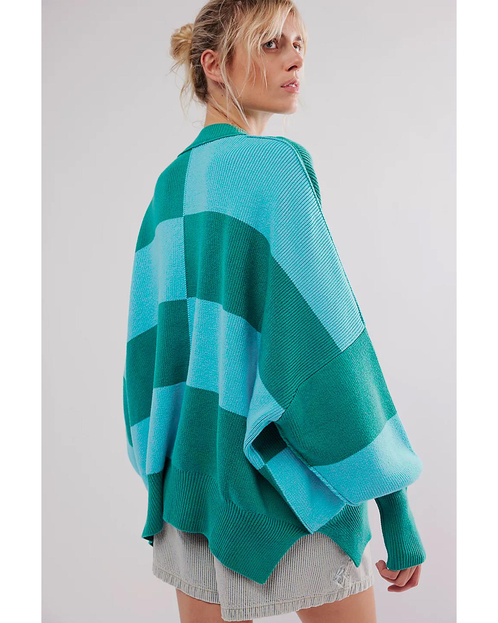 V539-AZEXDC2725651-P922-XL-202508300610-00 Green Checkered Side Slits Drop Shoulder Oversized Sweater - XL - Image 1
