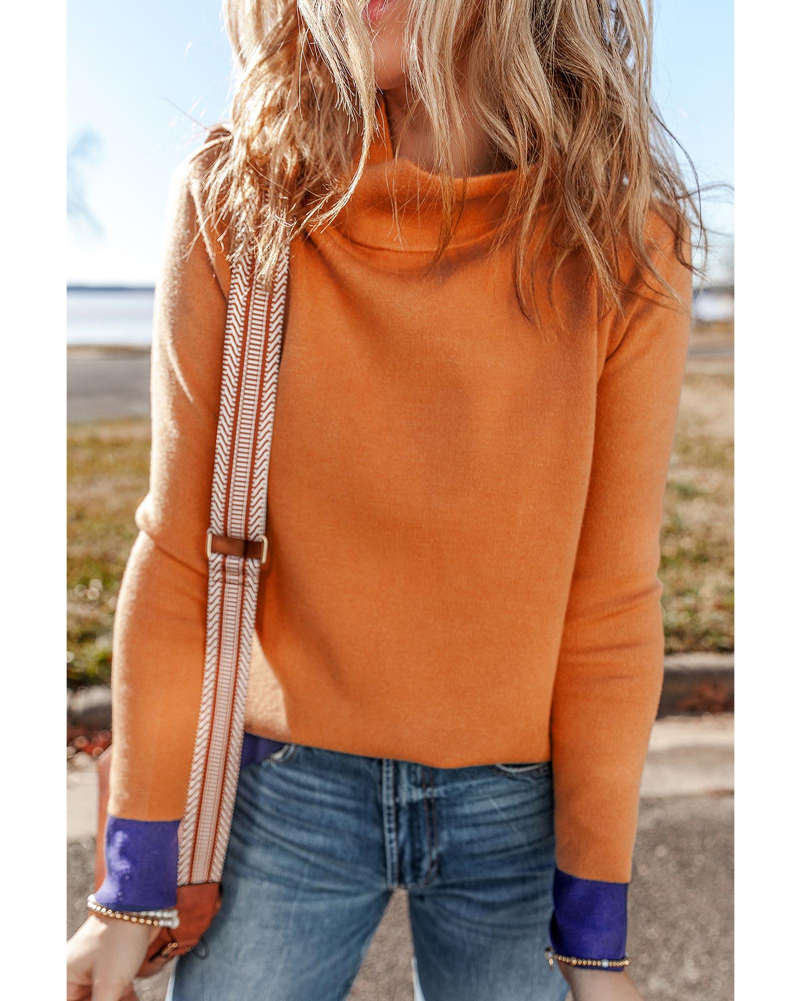 V539-AZEXDC2725652-P8016-S-202506140522-00 Straw Yellow Color Contrast Edge Mock Neck Slim Fit Sweater - S - Image 1