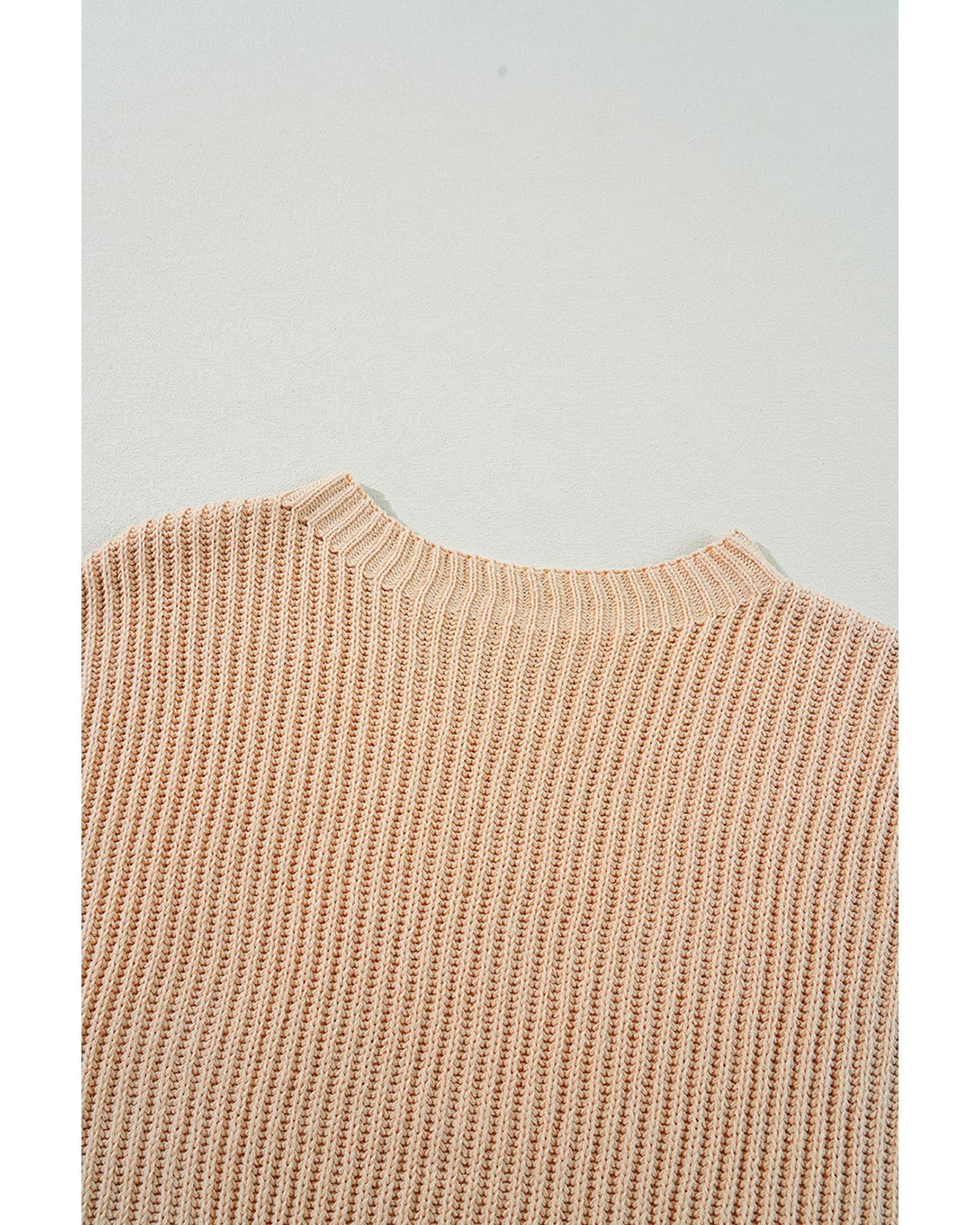V539-AZEXDC2725657-P18-S-202506140526-00 Apricot Cable Knit Drop Shoulder Side Slits Loose Sweater - S - Image 1